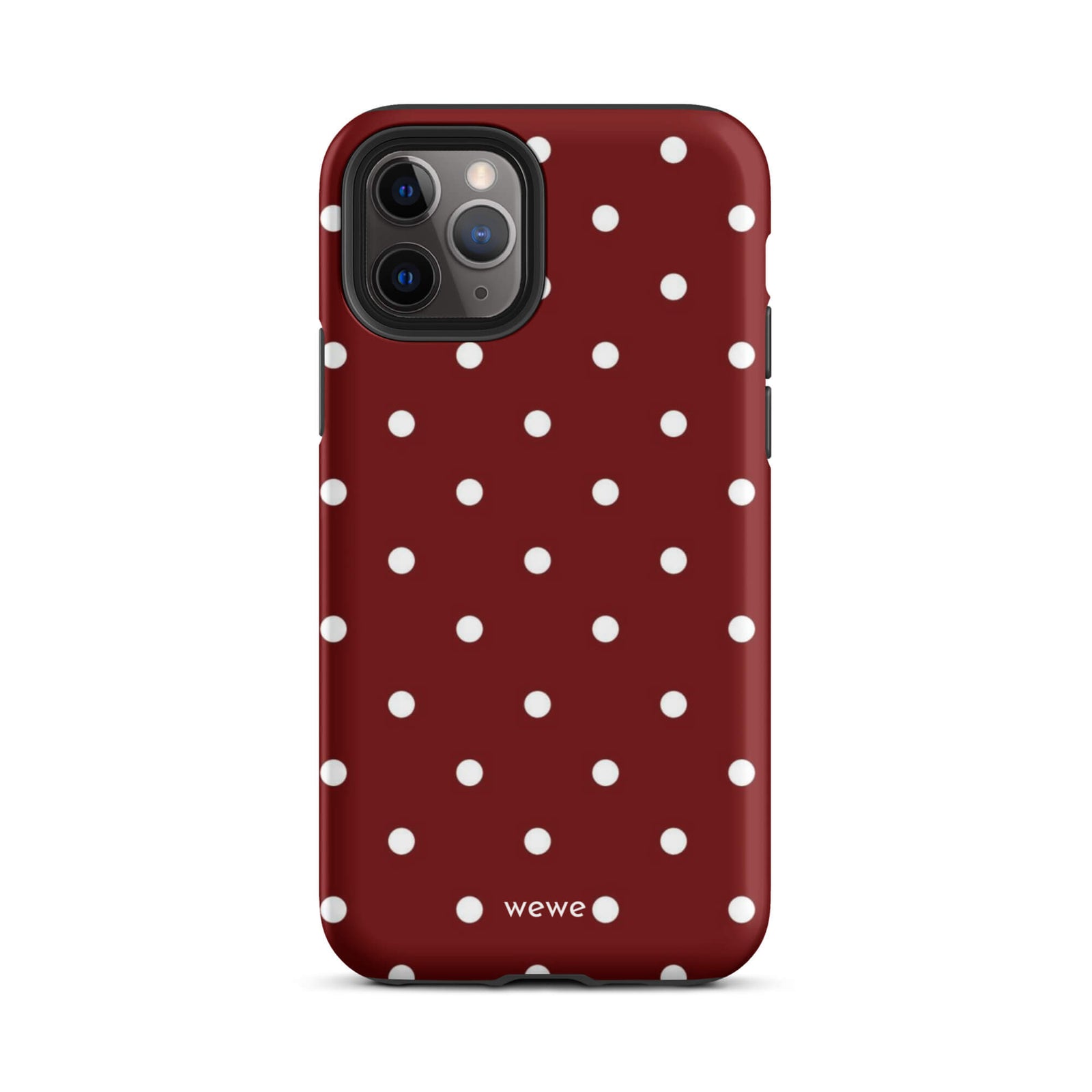 Custom iPhone case 11 pro with a maroon red background and a pattern of small white polka dots.
