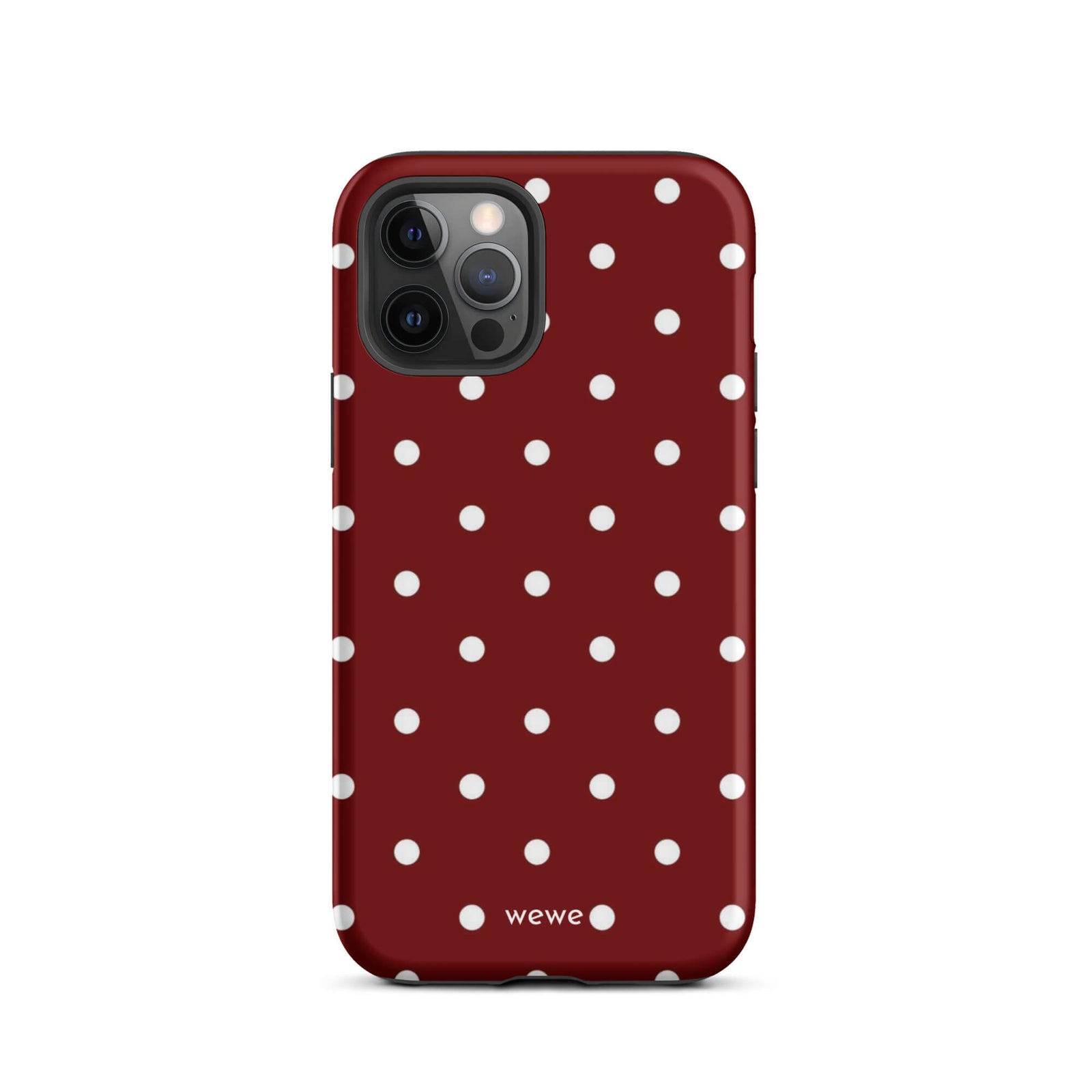 Custom iPhone case 12 pro with a maroon red background and a pattern of small white polka dots.