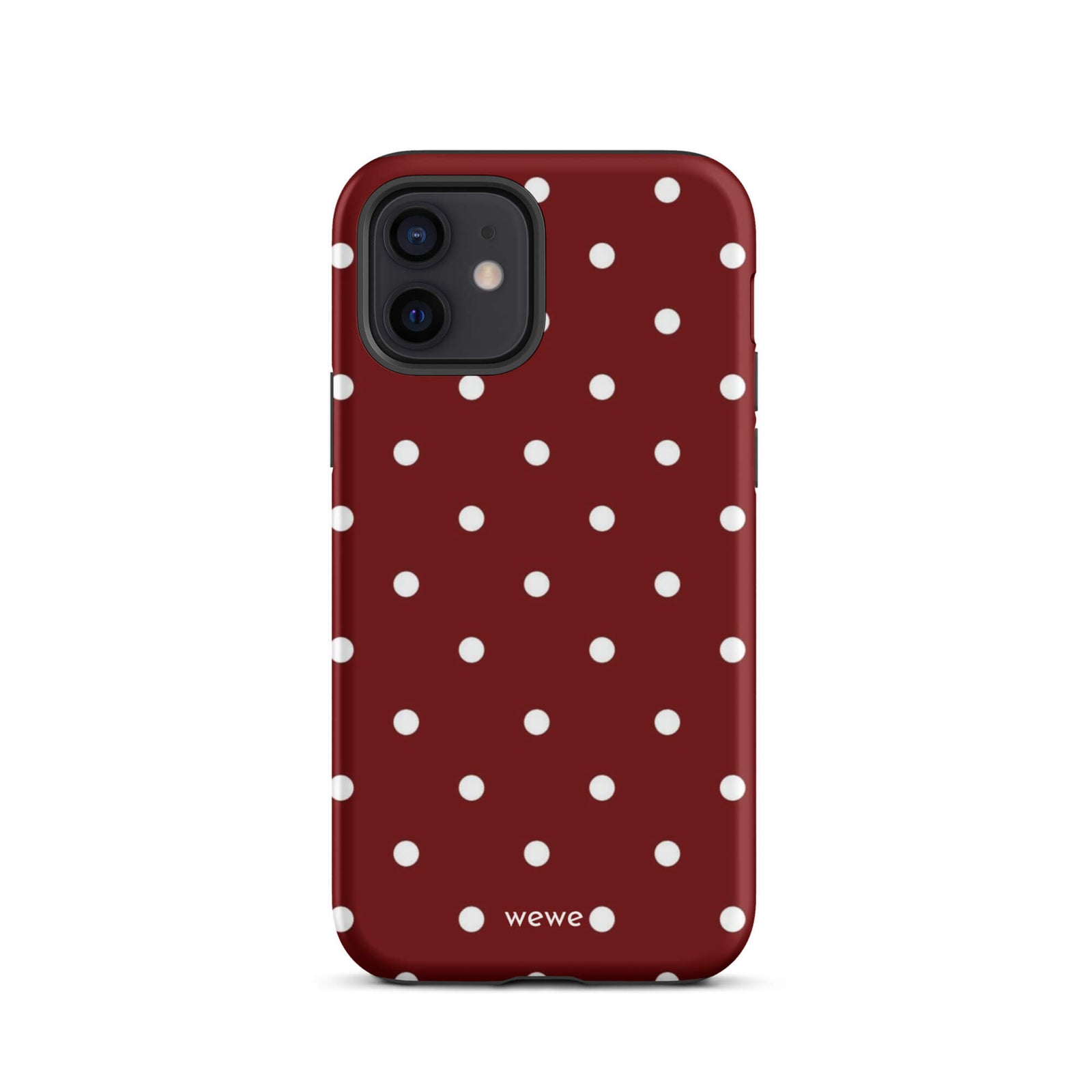 Custom iPhone case 12 with a maroon red background and a pattern of small white polka dots.