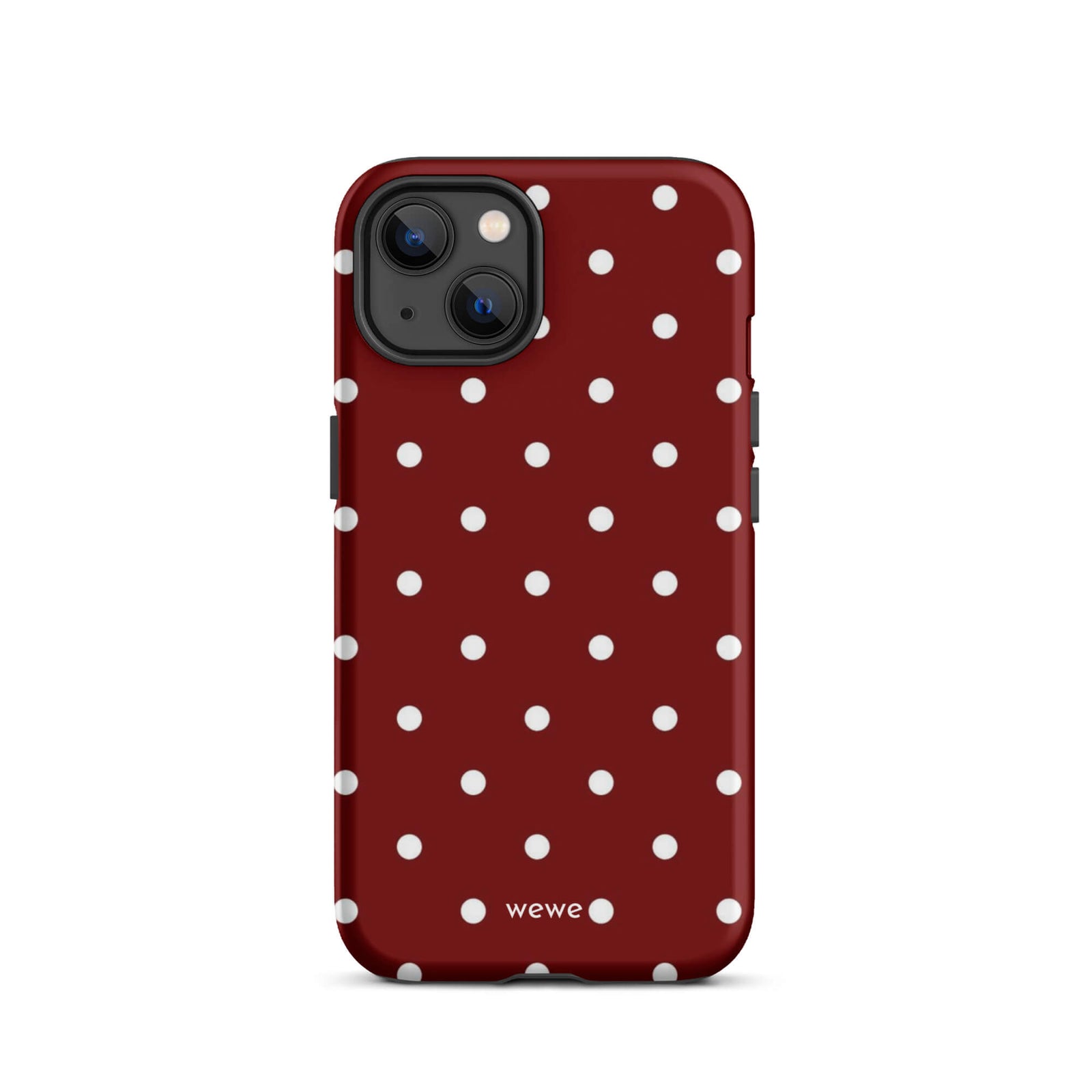 Custom iPhone case 13 with a maroon red background and a pattern of small white polka dots.