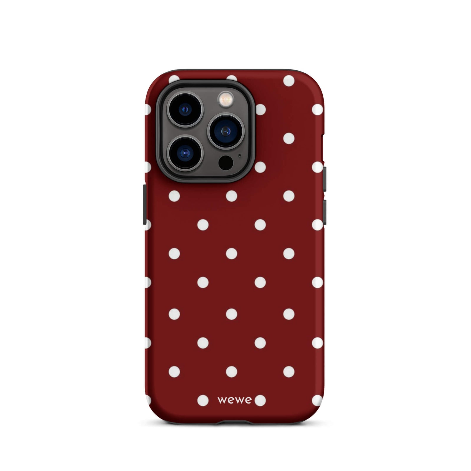 Custom iPhone case 14 pro with a maroon red background and a pattern of small white polka dots.