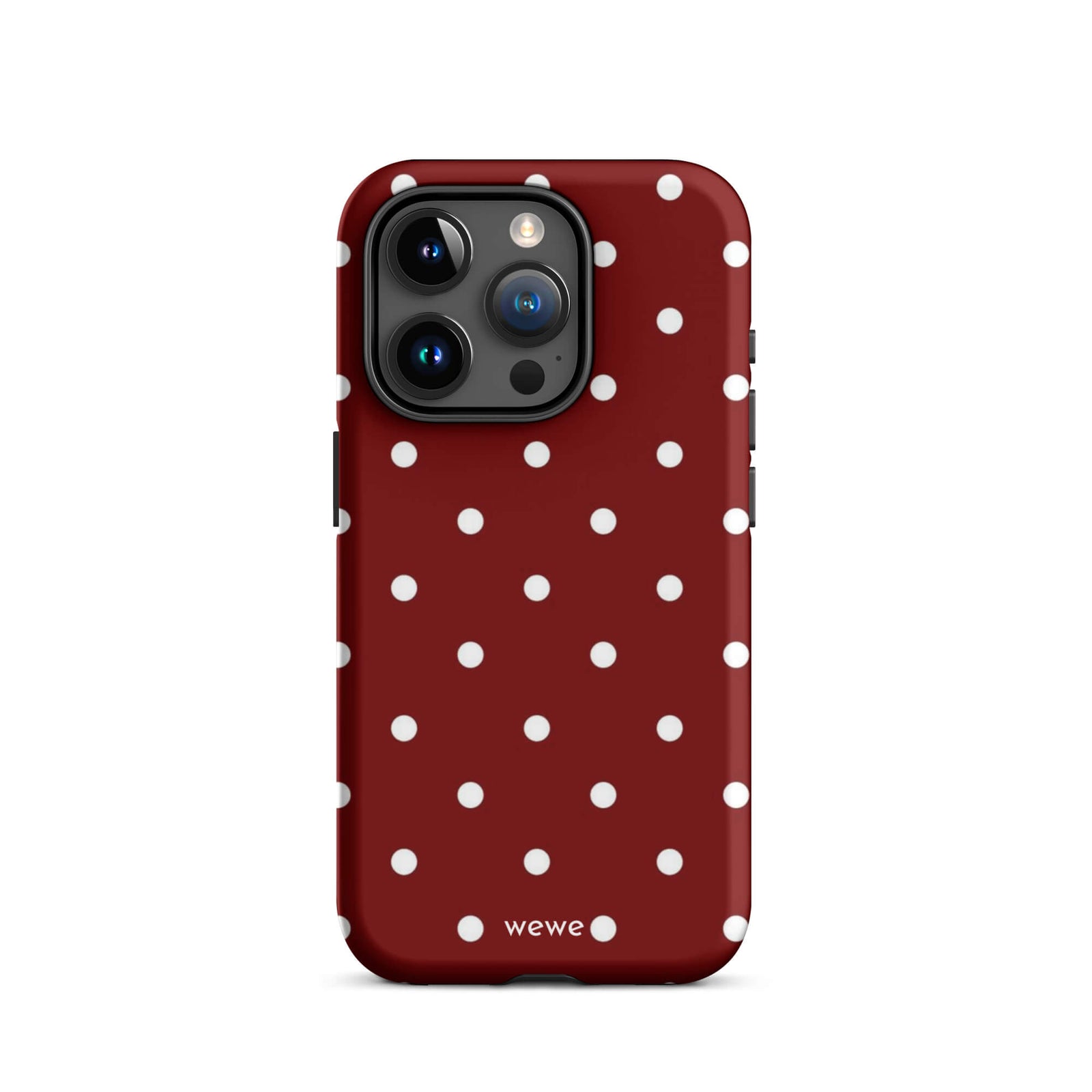 Custom iPhone case 15 pro with a maroon red background and a pattern of small white polka dots.