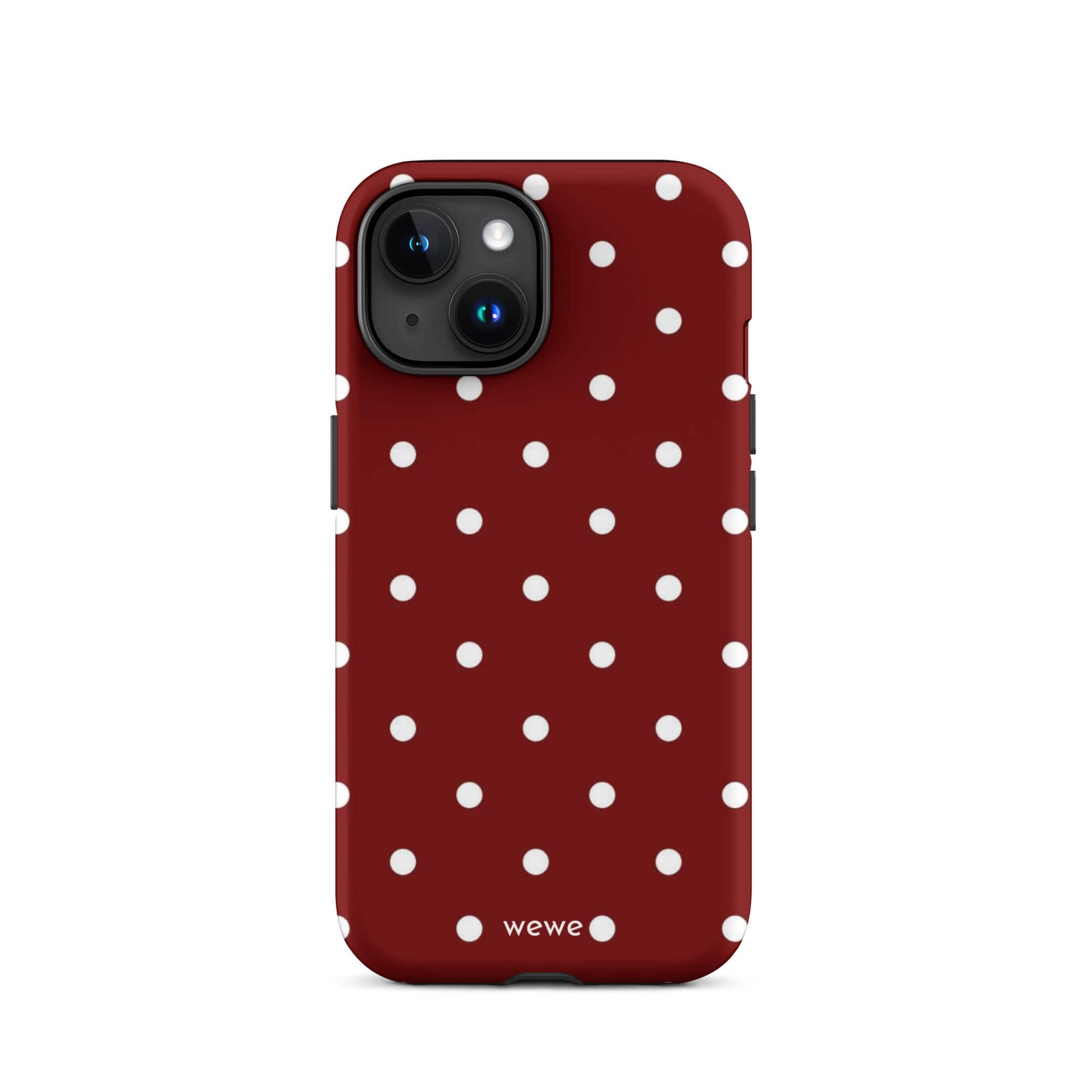Custom iPhone case 15 with a maroon red background and a pattern of small white polka dots.