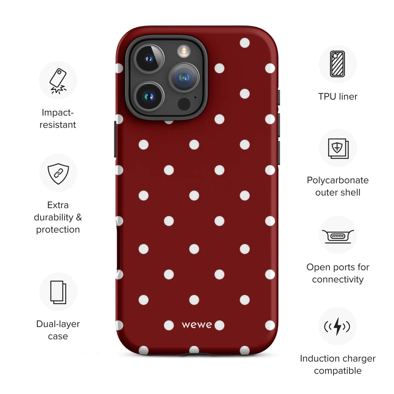 Custom maroon polka dot iphone case 16 pro max wireless charging compatible.