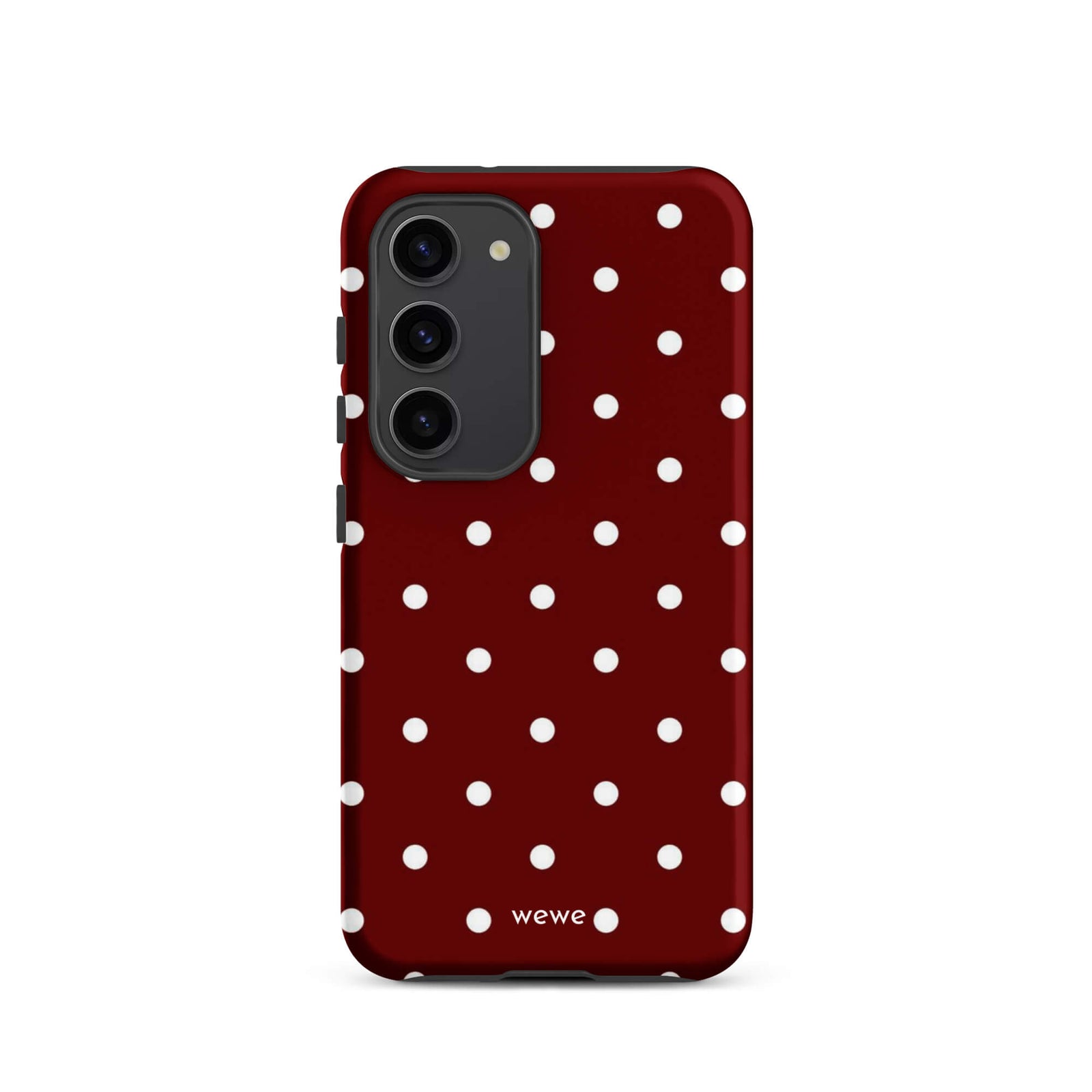 Custom samsung galaxy s23 Phone case with a maroon red background and a pattern of small white polka dots.