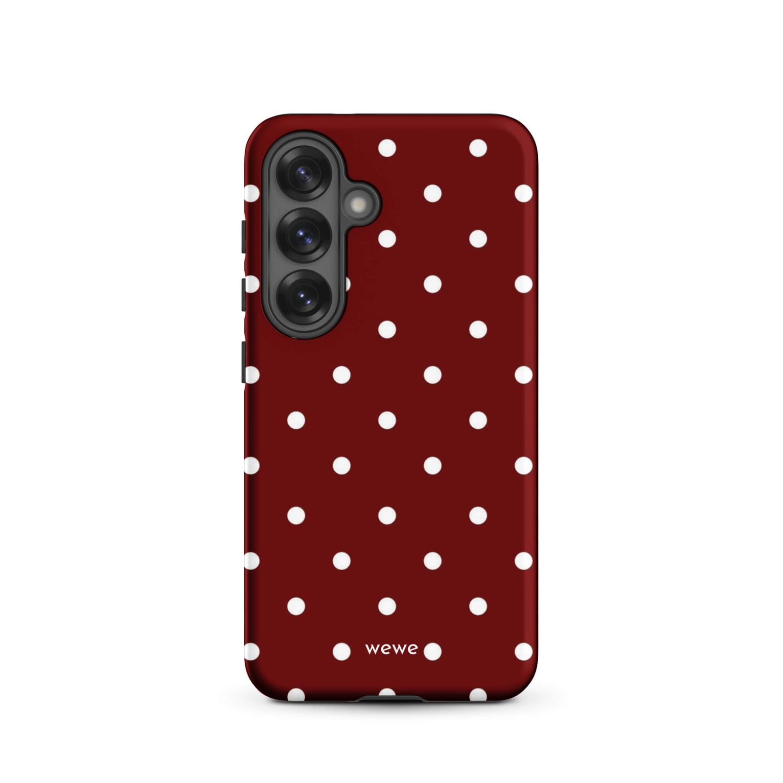 Custom samsung galaxy s25 Phone case with a maroon red background and a pattern of small white polka dots.