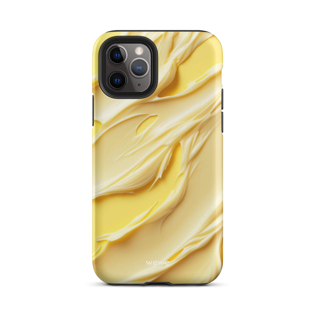 Custom iPhone case 11 pro with a close-up, macro photo of a textured, matte yellow frosting or ice cream.