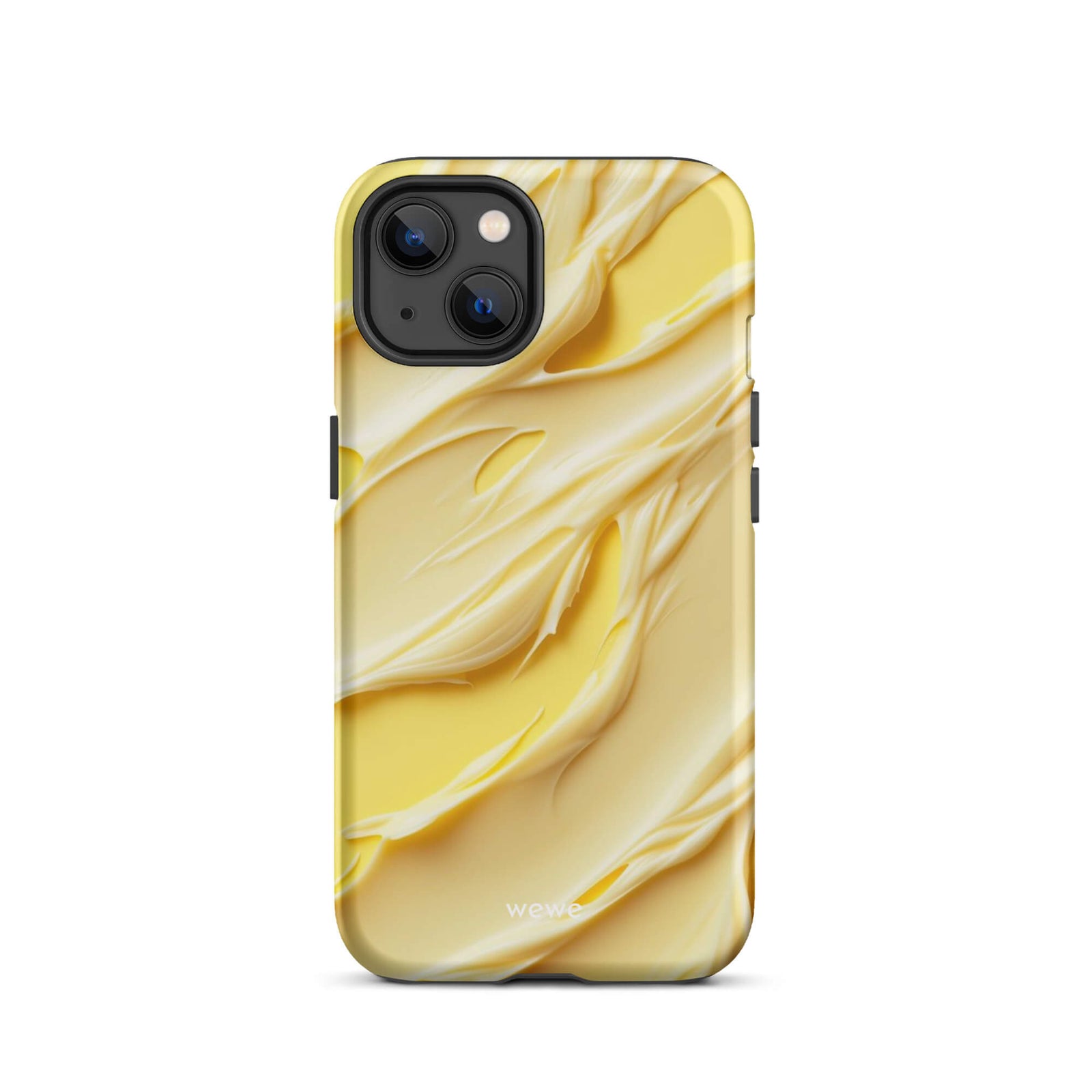 Custom iPhone case 13 with a close-up, macro photo of a textured, matte yellow frosting or ice cream.