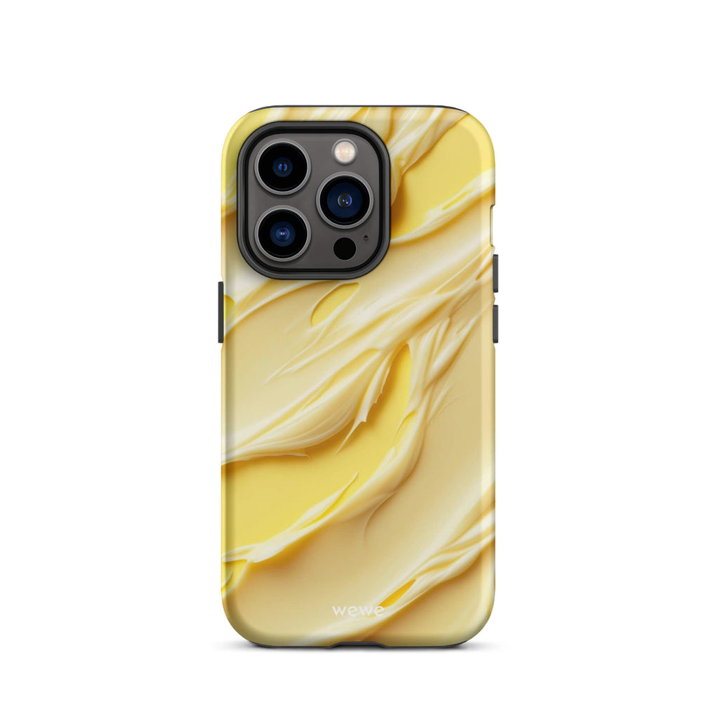 Custom iPhone case 14 pro with a close-up, macro photo of a textured, matte yellow frosting or ice cream.