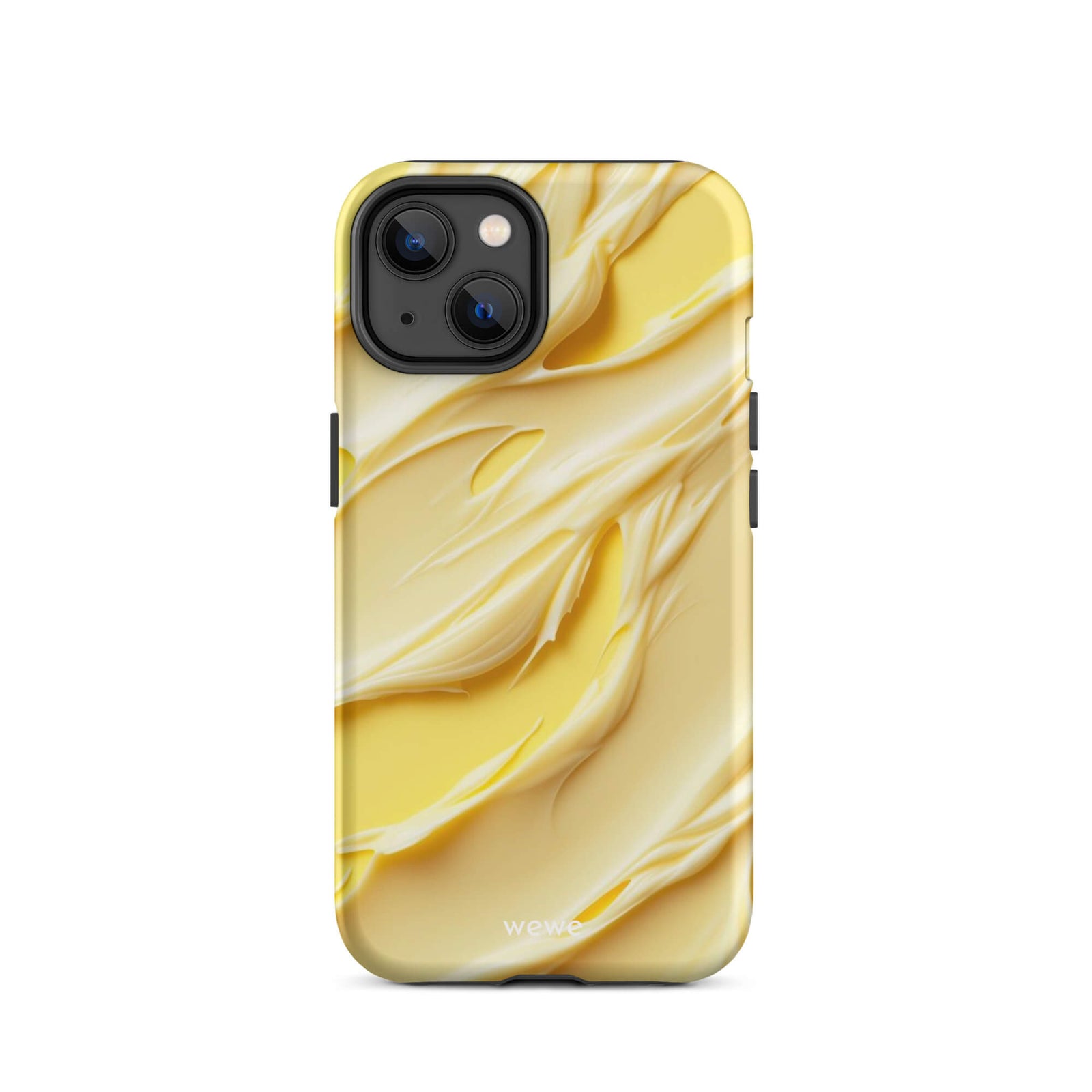 Custom iPhone case 14 with a close-up, macro photo of a textured, matte yellow frosting or ice cream.