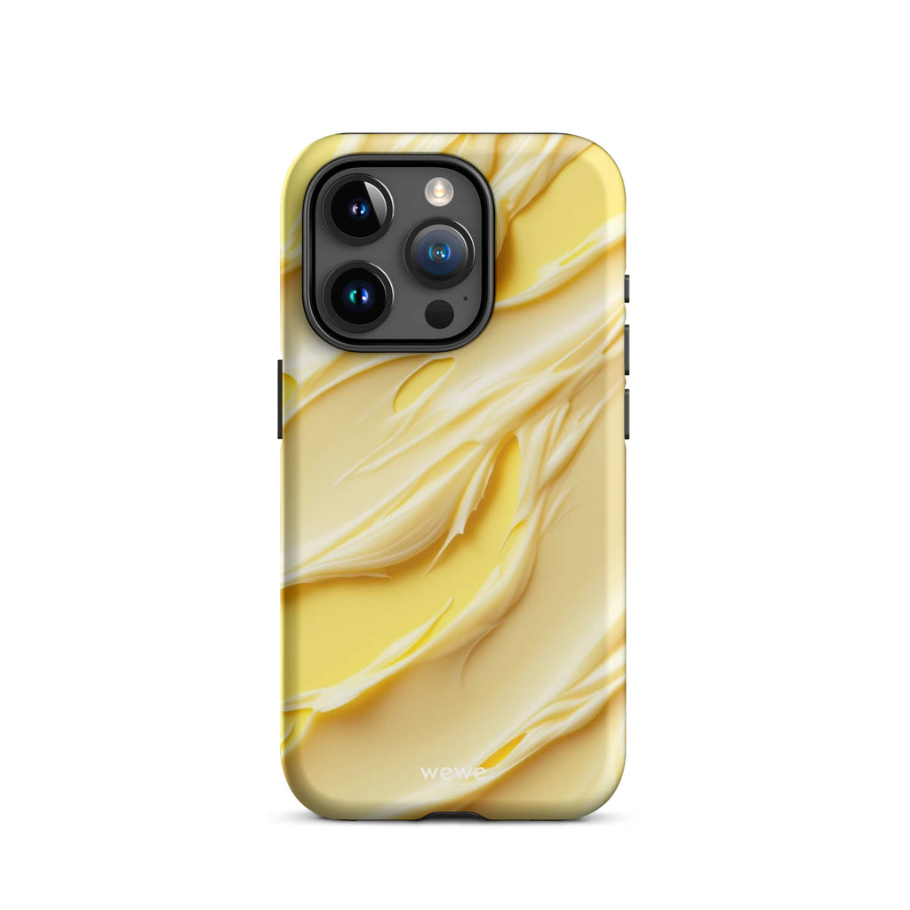 Custom iPhone case 15 pro with a close-up, macro photo of a textured, matte yellow frosting or ice cream.