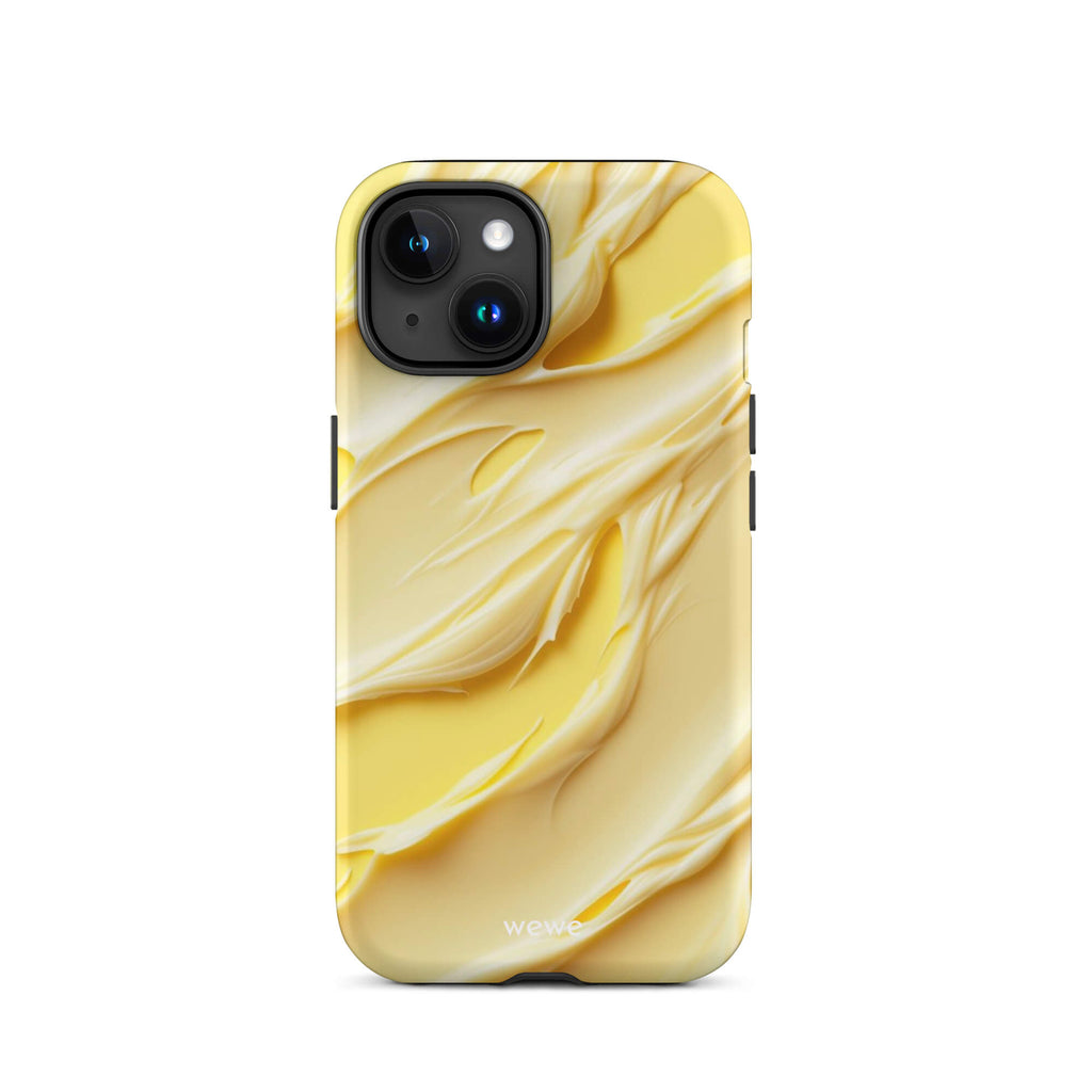 Custom iPhone case 15 with a close-up, macro photo of a textured, matte yellow frosting or ice cream.