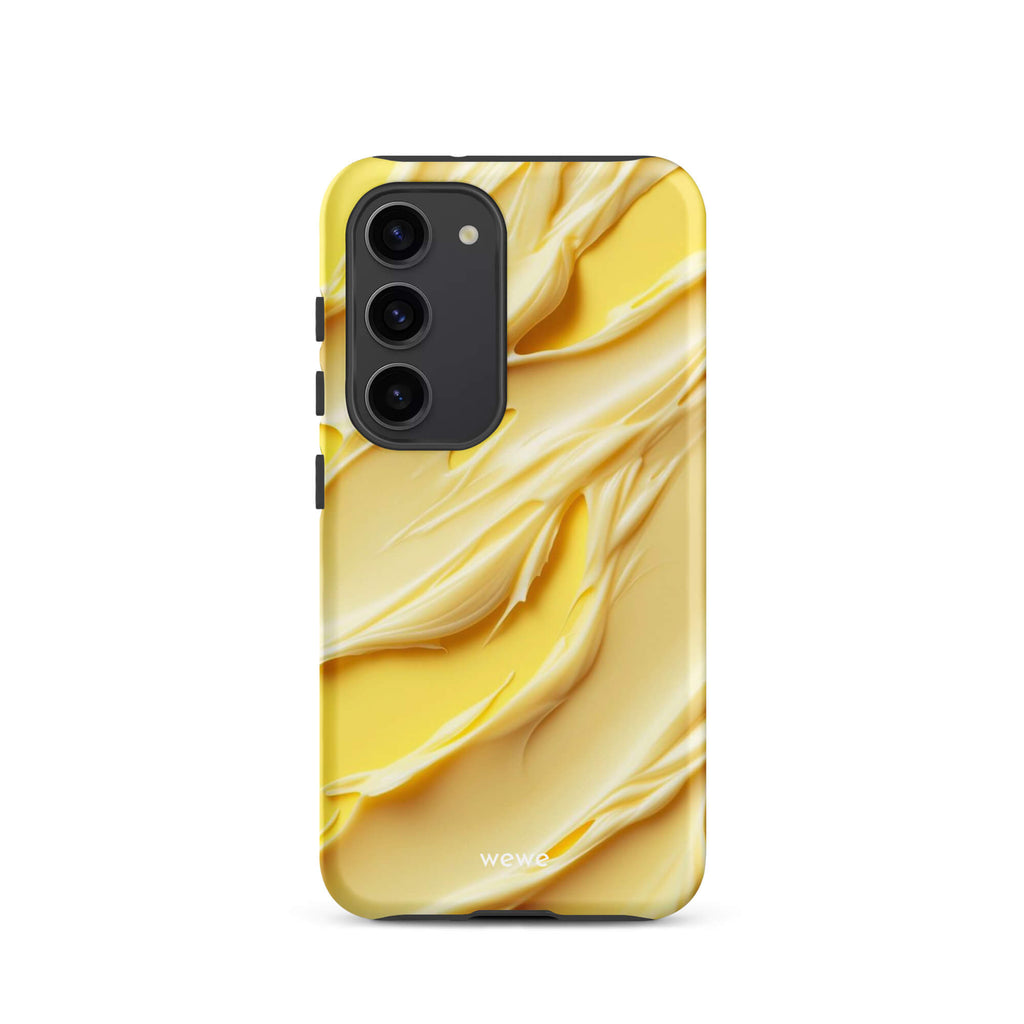 Custom samsung galaxy s23 Phone case with a close-up, macro photo of a textured, matte yellow frosting or ice cream.