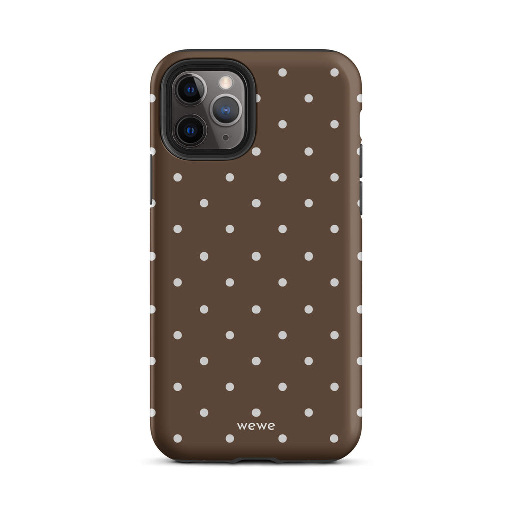 Milk chocolate brown iPhone case with evenly spaced cream-white mini polka dots