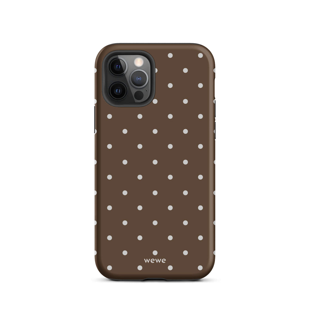 Milk chocolate brown iPhone case with evenly spaced cream-white mini polka dots