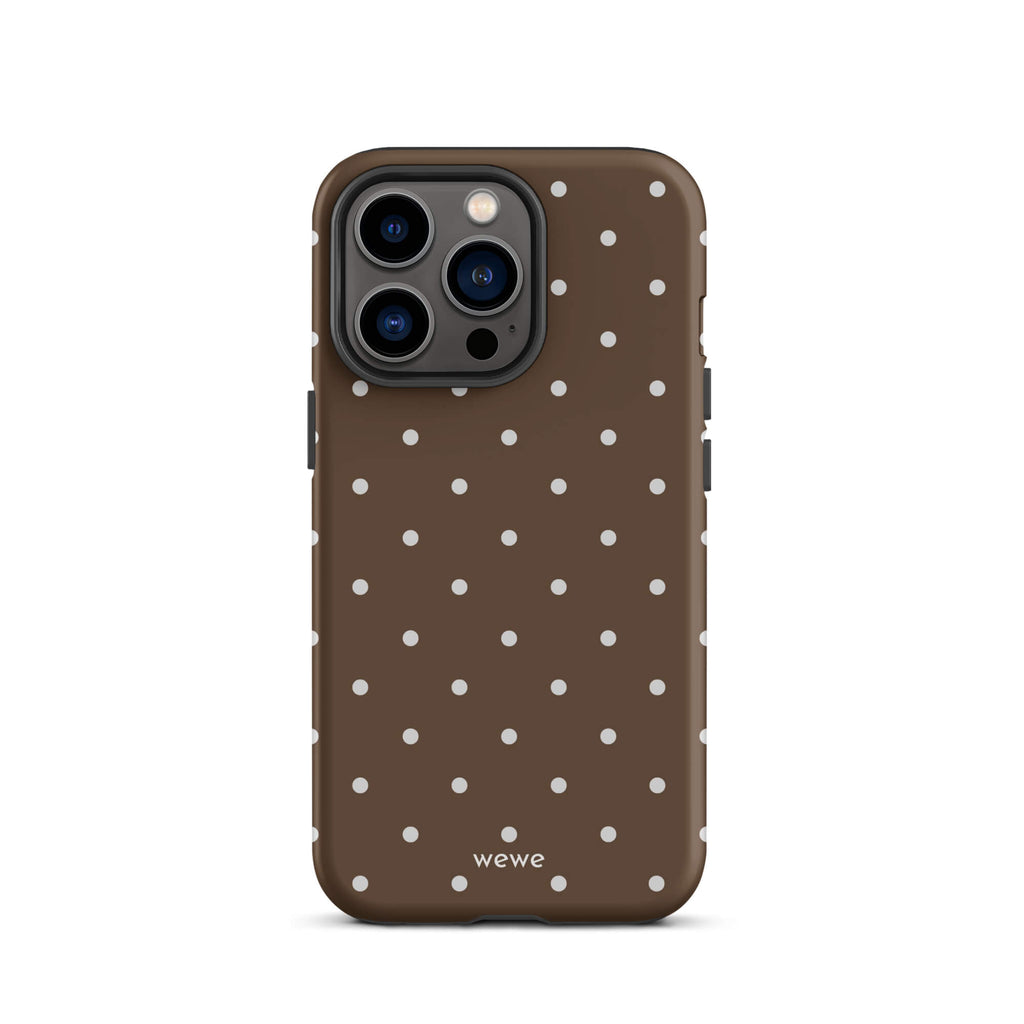 Milk chocolate brown iPhone case with evenly spaced cream-white mini polka dots