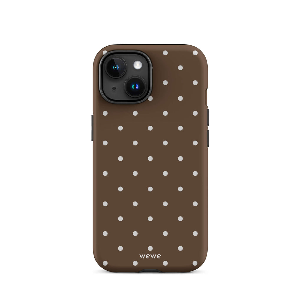 Milk chocolate brown iPhone case with evenly spaced cream-white mini polka dots