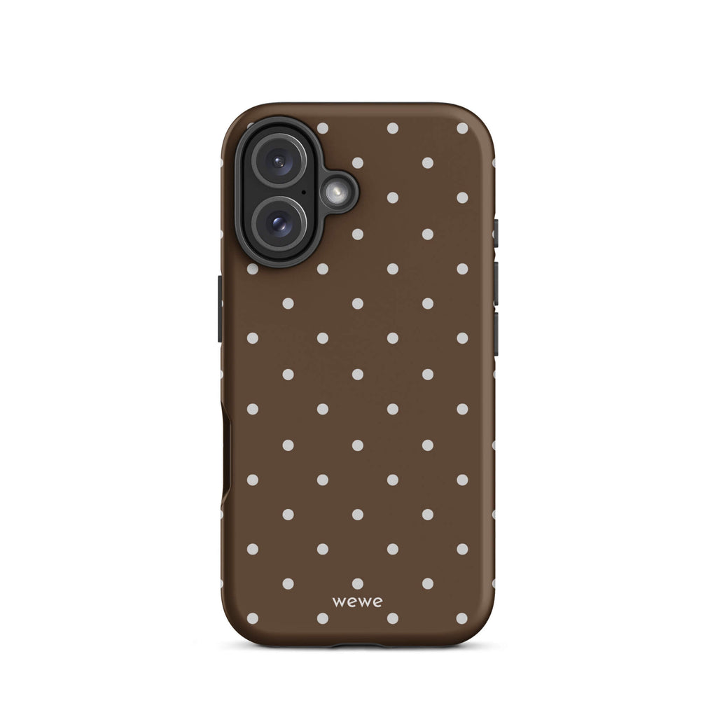 Milk chocolate brown iPhone case with evenly spaced cream-white mini polka dots