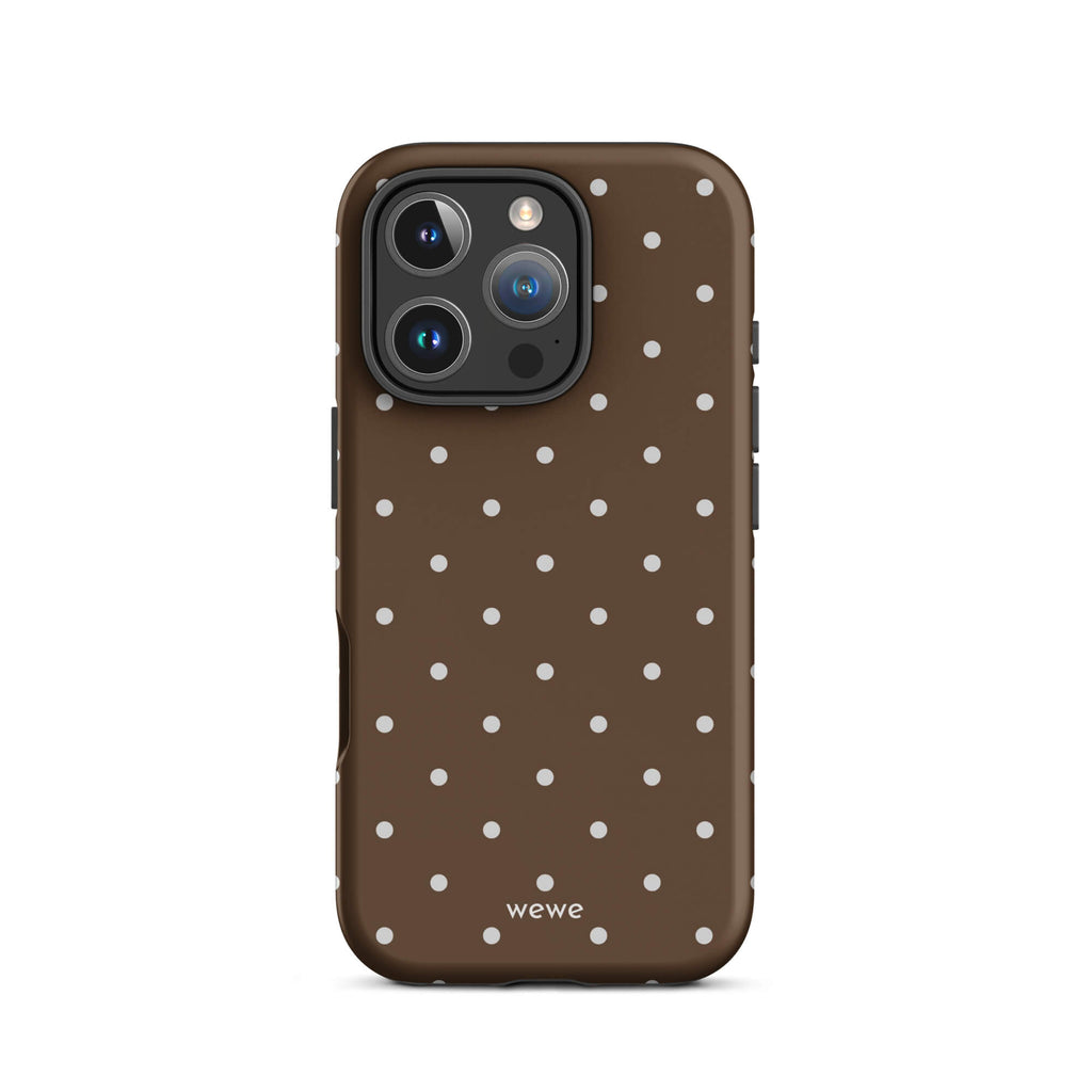 Milk chocolate brown iPhone case with evenly spaced cream-white mini polka dots