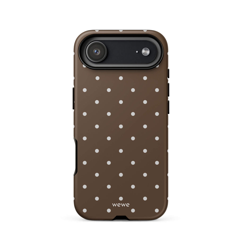 Milk chocolate brown iPhone case with evenly spaced cream-white mini polka dots