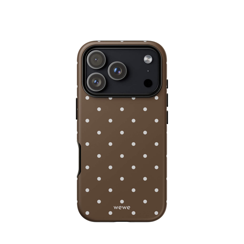 Milk chocolate brown iPhone case with evenly spaced cream-white mini polka dots