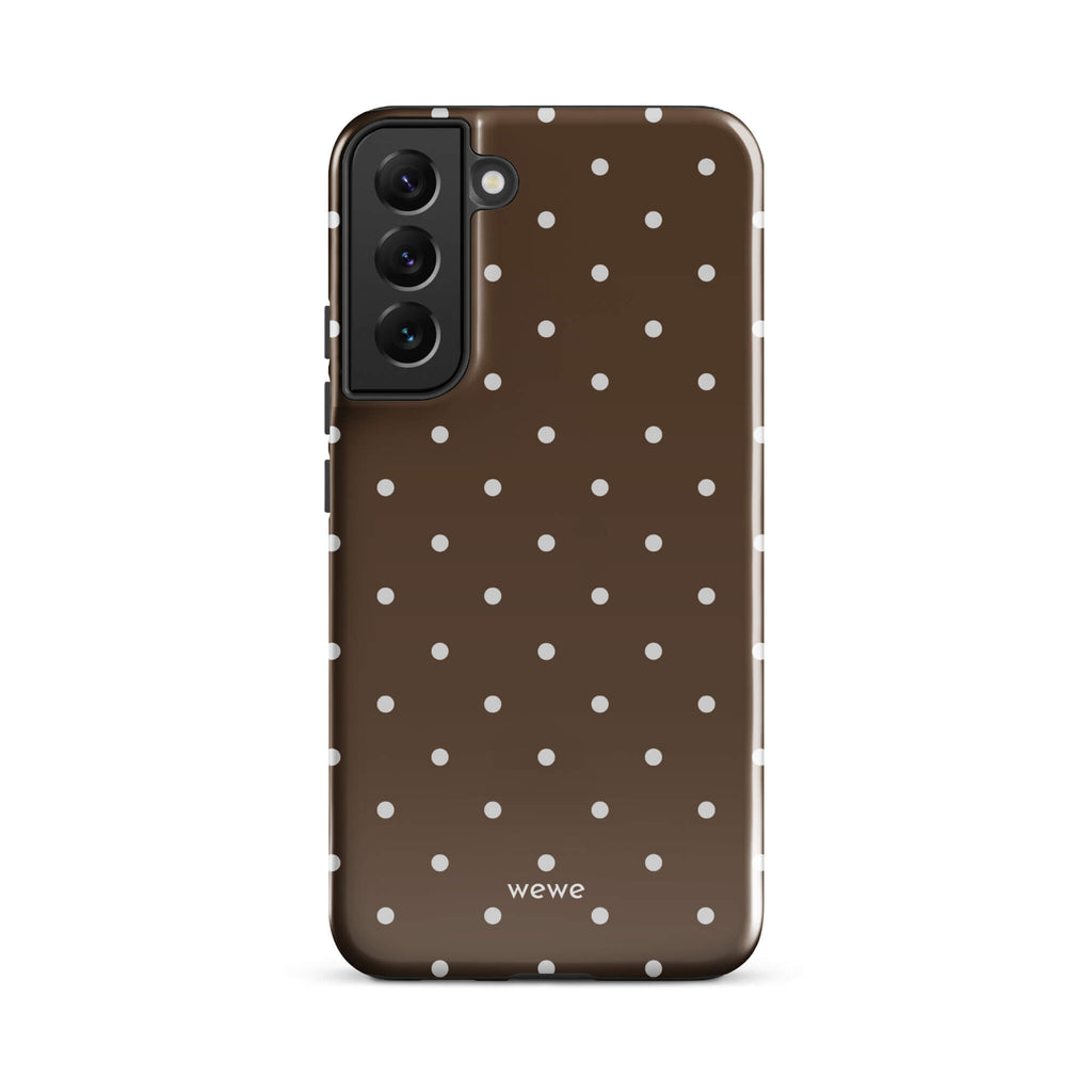 Milk chocolate brown iPhone case with evenly spaced cream-white mini polka dots