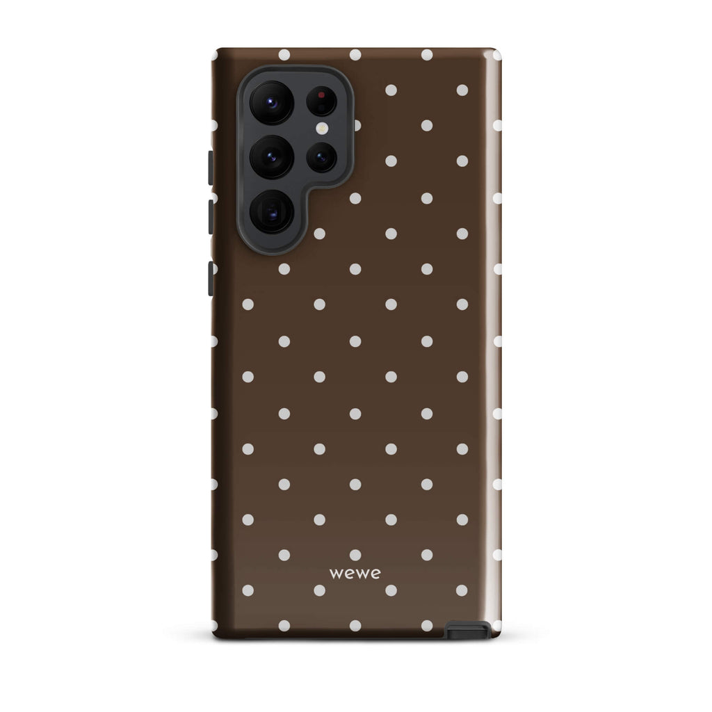 Milk chocolate brown iPhone case with evenly spaced cream-white mini polka dots