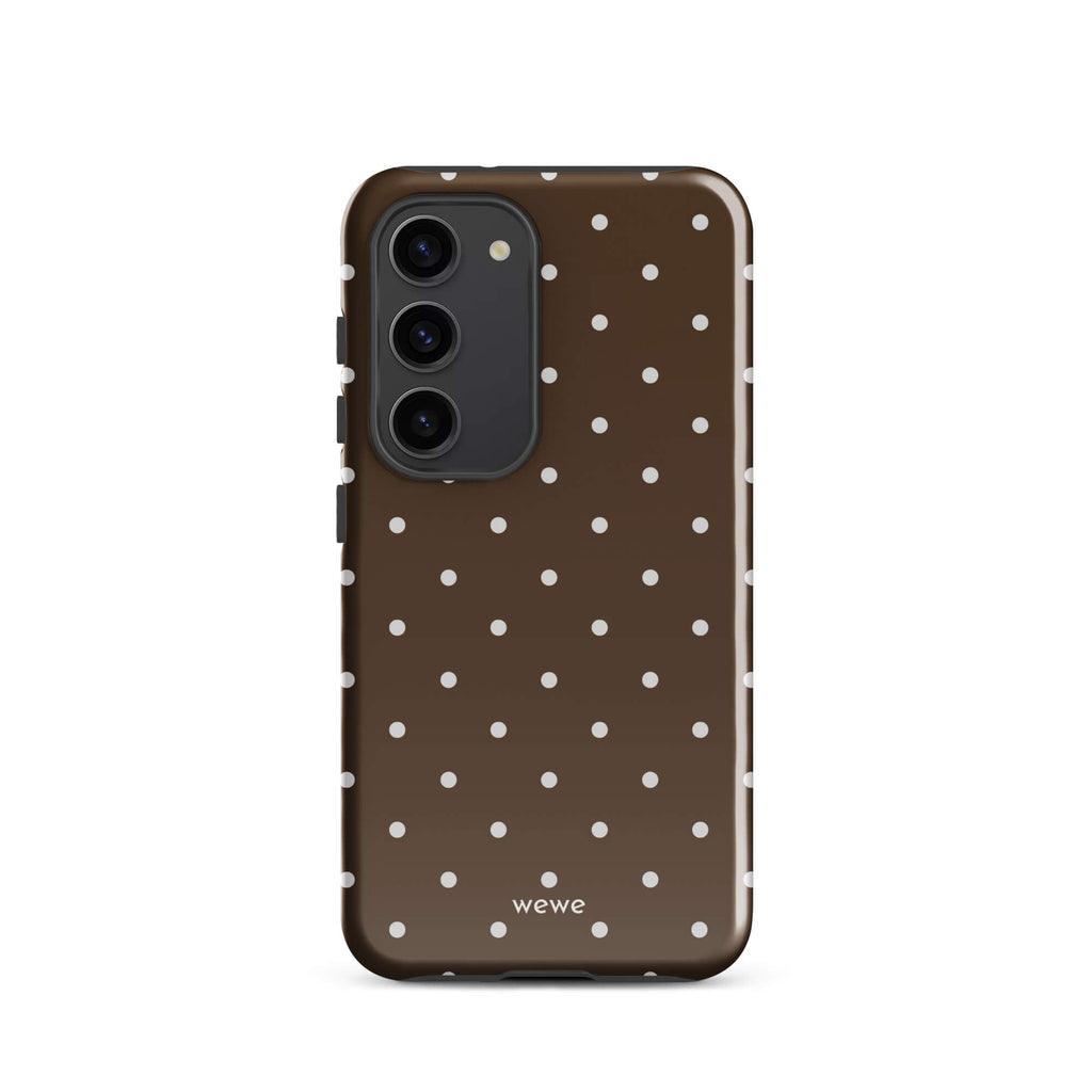 Milk chocolate brown iPhone case with evenly spaced cream-white mini polka dots