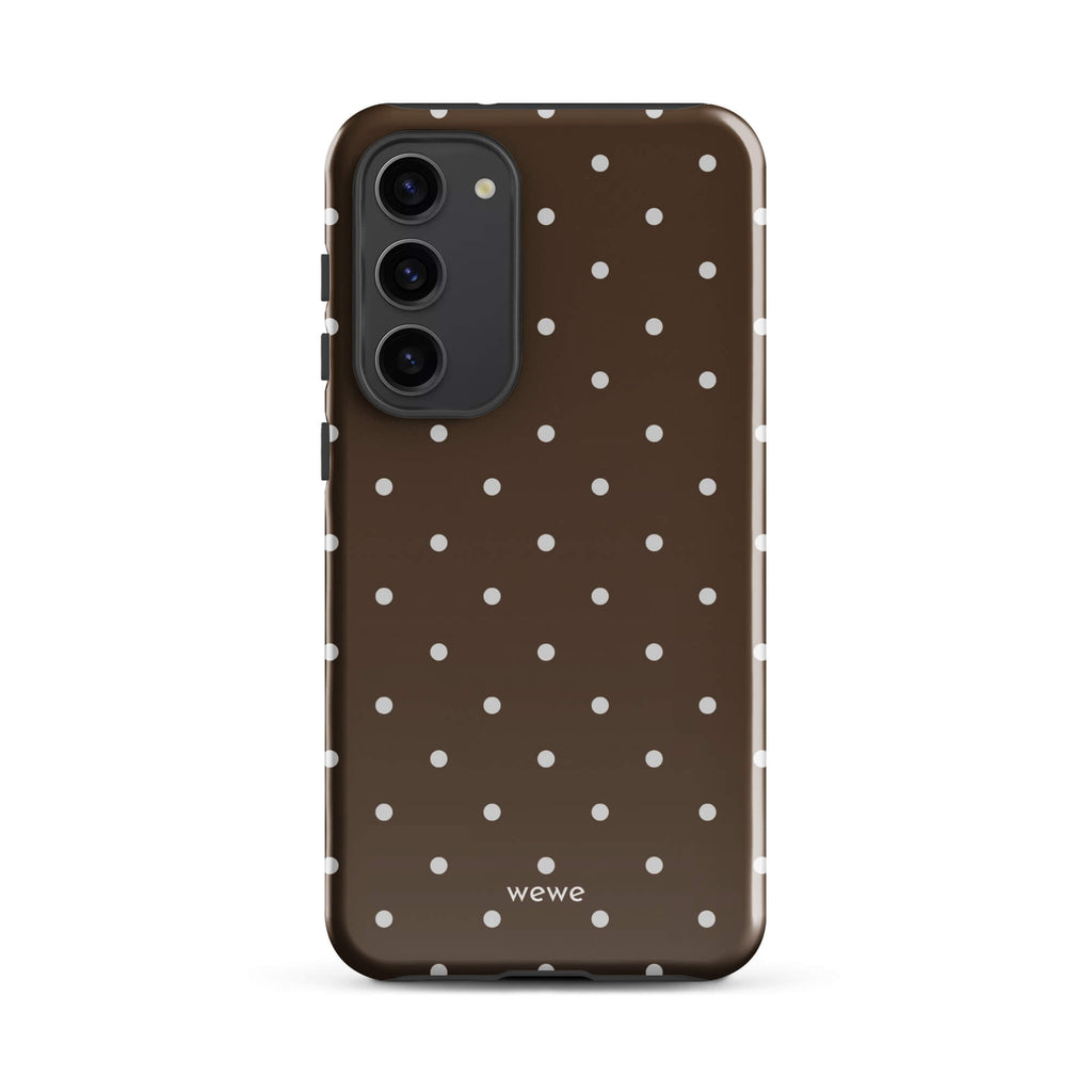 Milk chocolate brown iPhone case with evenly spaced cream-white mini polka dots