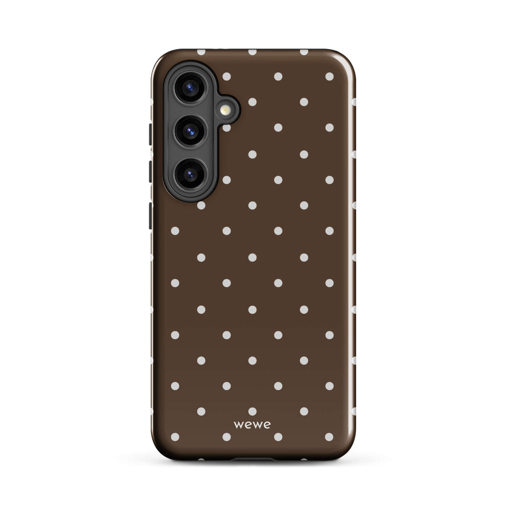 Milk chocolate brown iPhone case with evenly spaced cream-white mini polka dots