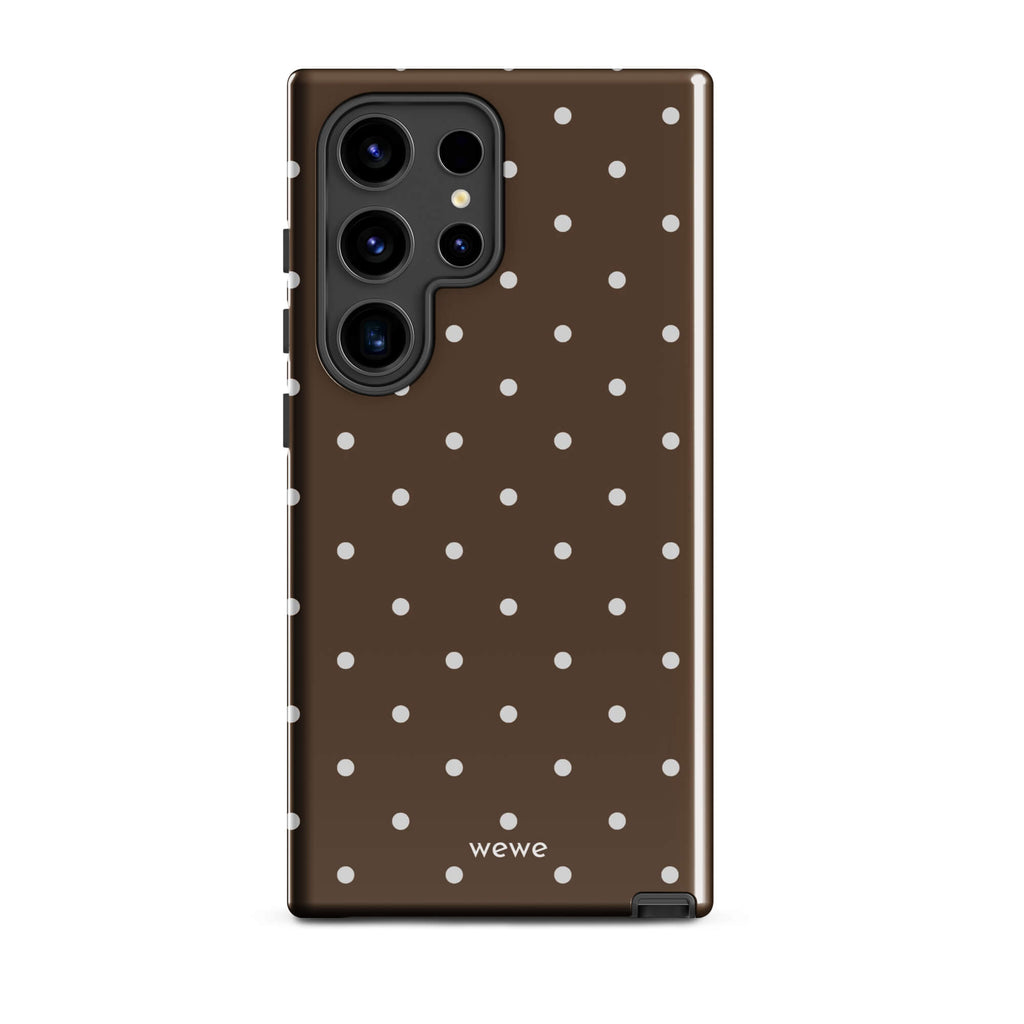 Milk chocolate brown iPhone case with evenly spaced cream-white mini polka dots