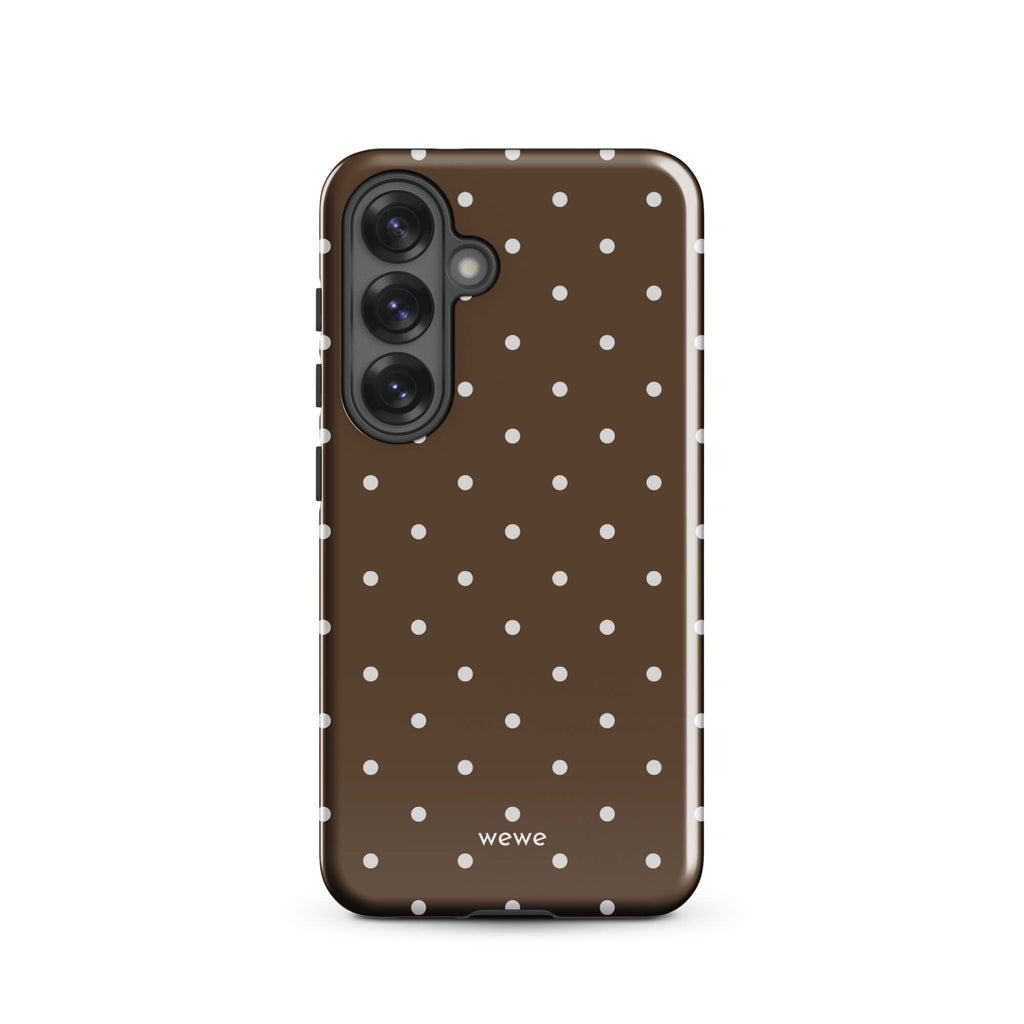 Milk chocolate brown iPhone case with evenly spaced cream-white mini polka dots