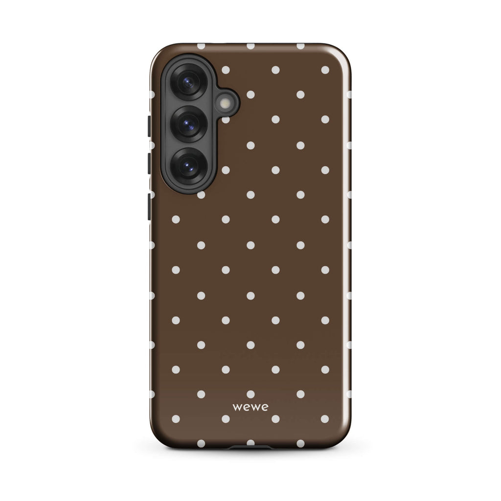 Milk chocolate brown iPhone case with evenly spaced cream-white mini polka dots