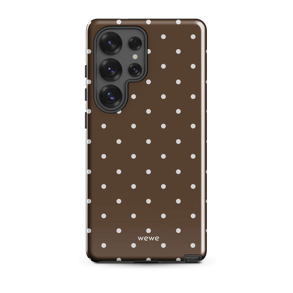 Milk chocolate brown iPhone case with evenly spaced cream-white mini polka dots