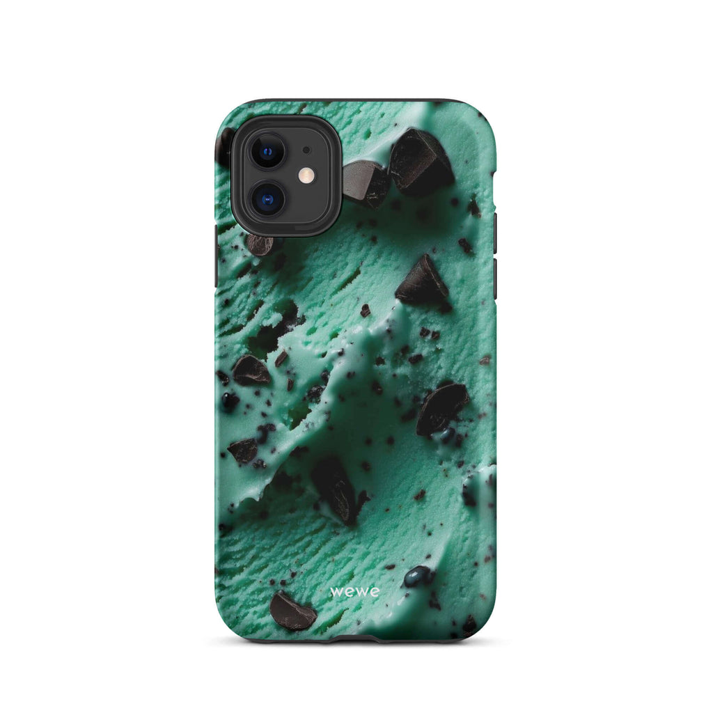 Custom iPhone case 11 with a close-up, macro photo of a textured, light green mint ice cream with dark chocolate chips.