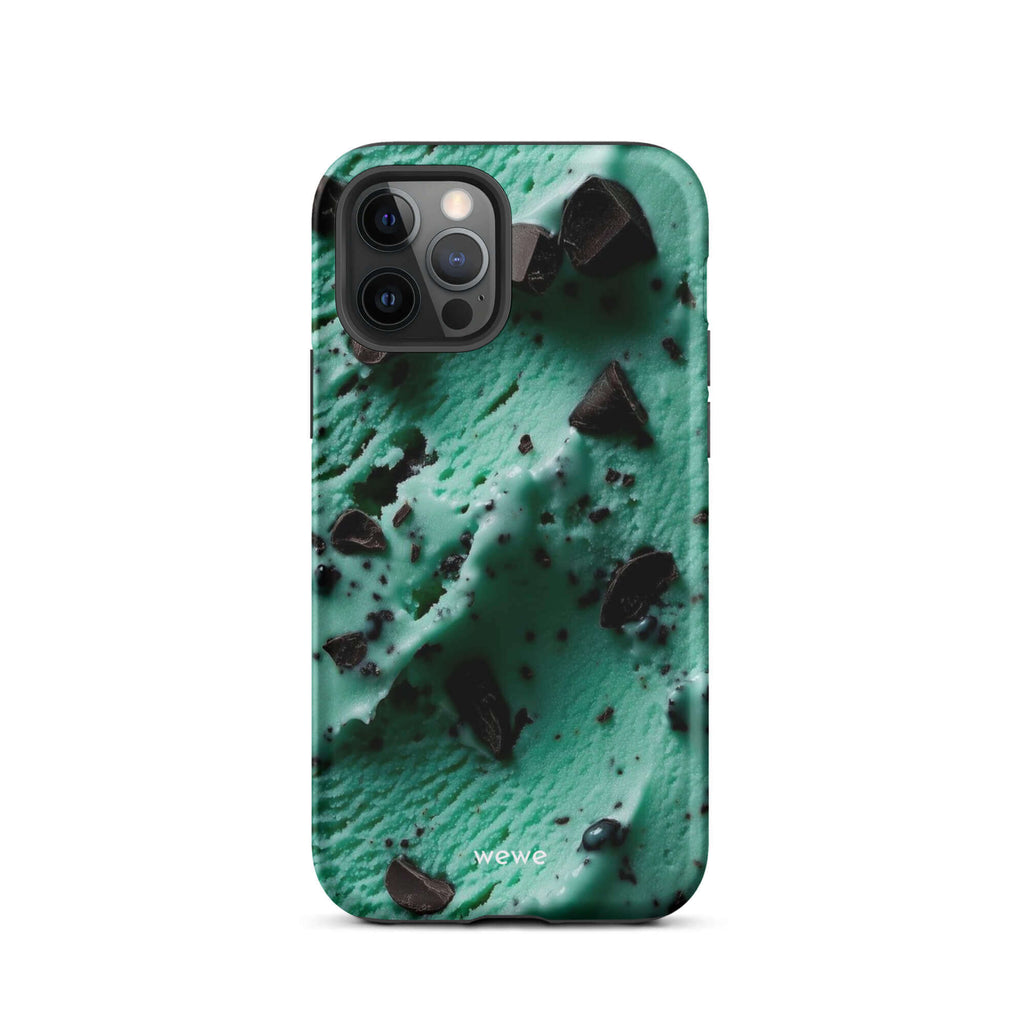 Custom iPhone case 12 pro with a close-up, macro photo of a textured, light green mint ice cream with dark chocolate chips.