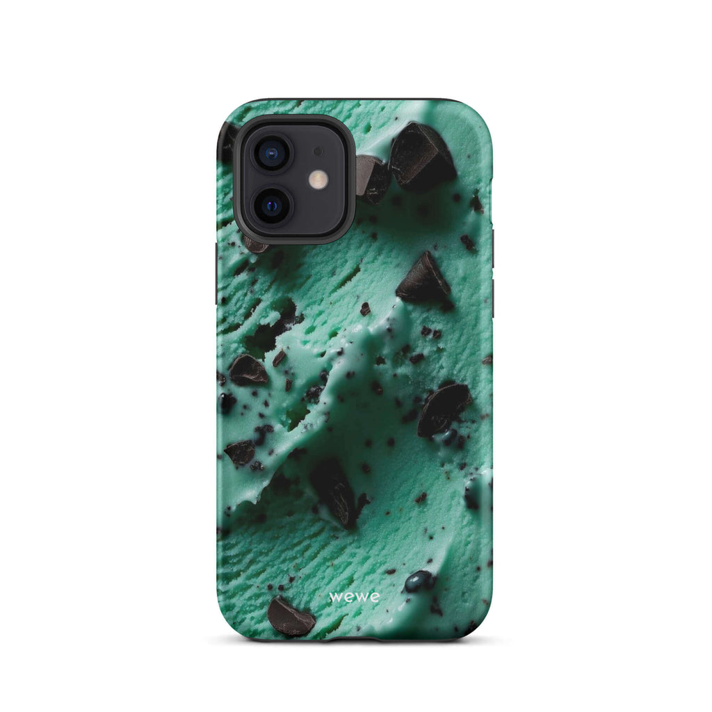 Custom iPhone case 12 with a close-up, macro photo of a textured, light green mint ice cream with dark chocolate chips.