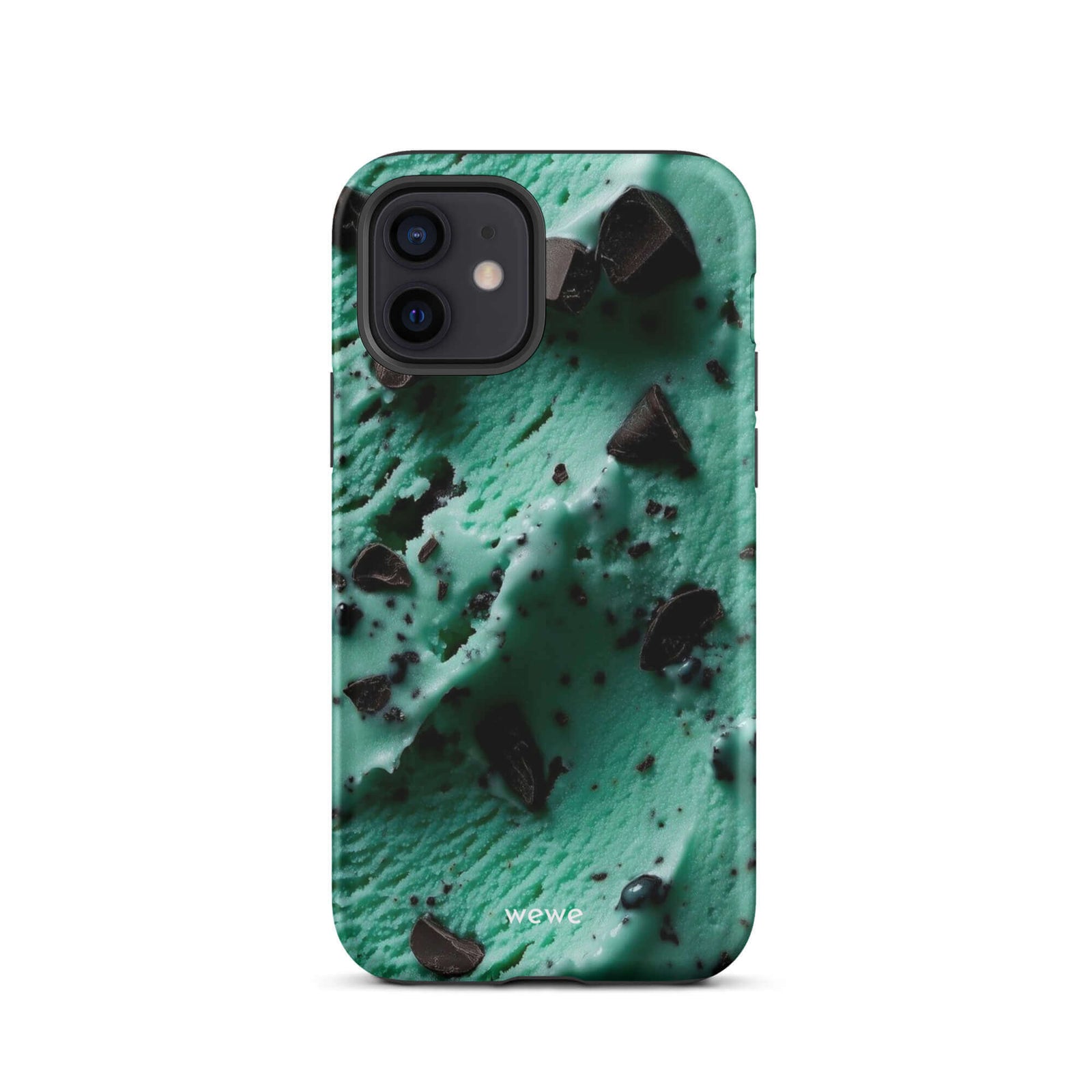Custom iPhone case 12 with a close-up, macro photo of a textured, light green mint ice cream with dark chocolate chips.