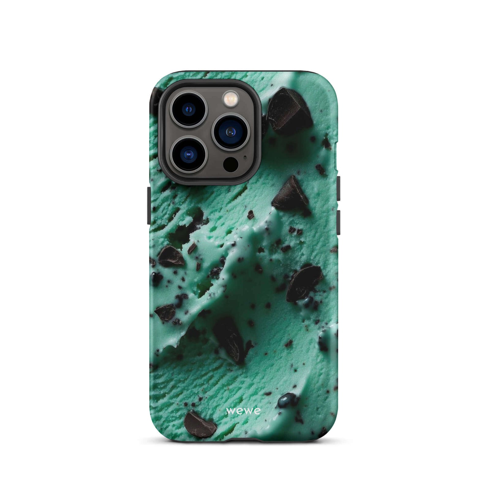 Custom iPhone case 13 pro with a close-up, macro photo of a textured, light green mint ice cream with dark chocolate chips.
