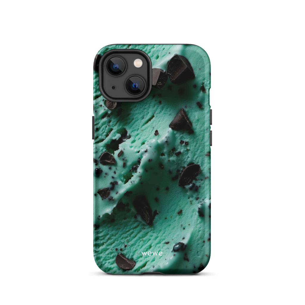 Custom iPhone case 13 with a close-up, macro photo of a textured, light green mint ice cream with dark chocolate chips.
