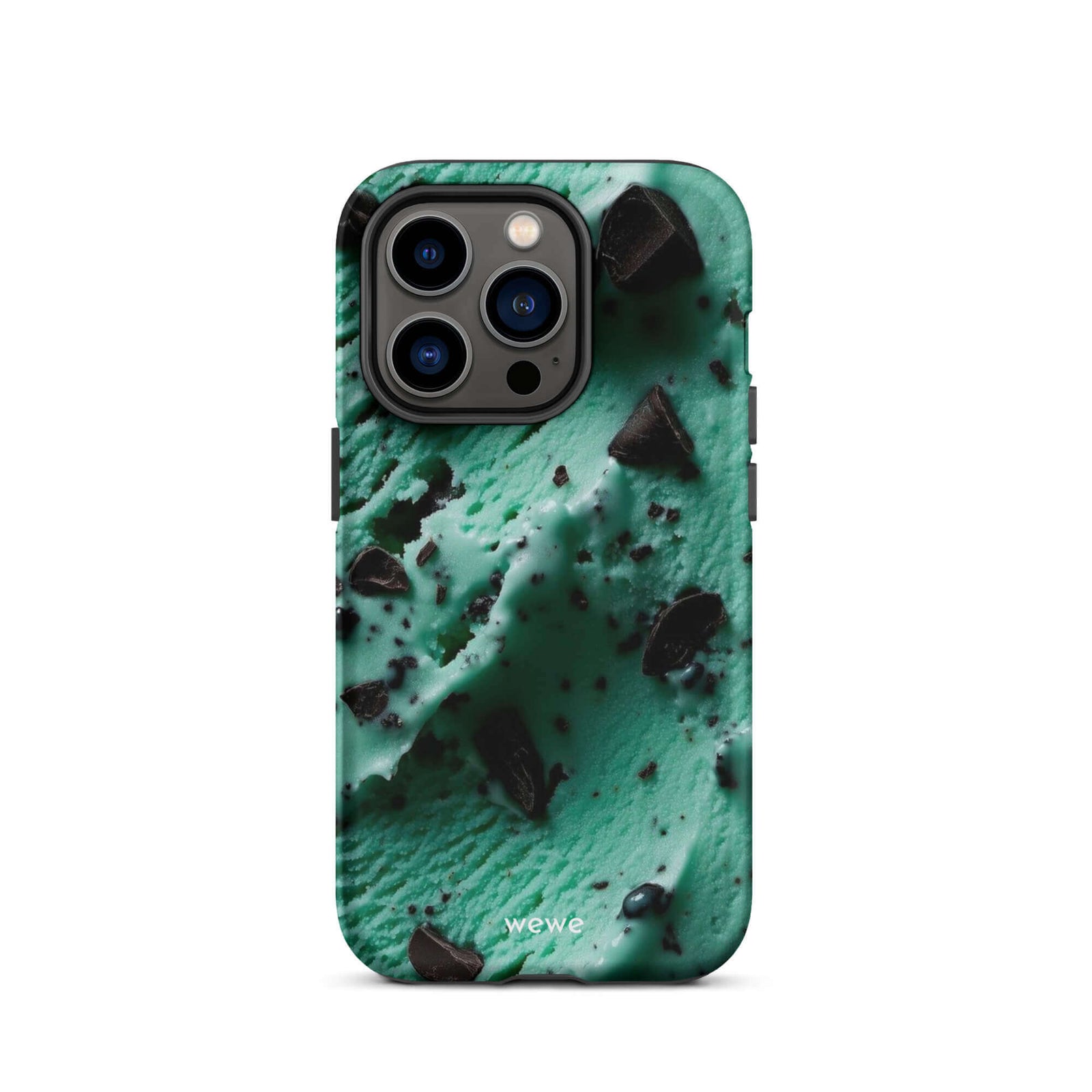Custom iPhone case 14 pro with a close-up, macro photo of a textured, light green mint ice cream with dark chocolate chips.