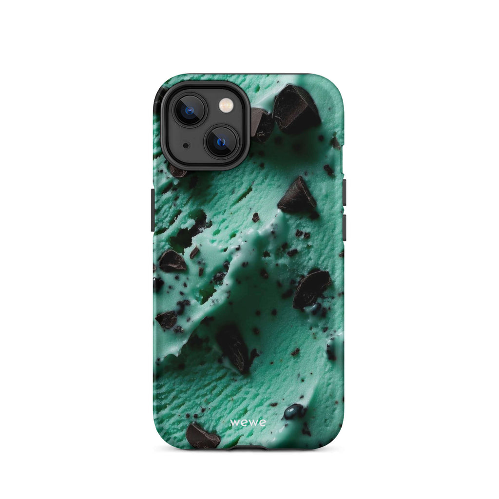Custom iPhone case 14 with a close-up, macro photo of a textured, light green mint ice cream with dark chocolate chips.