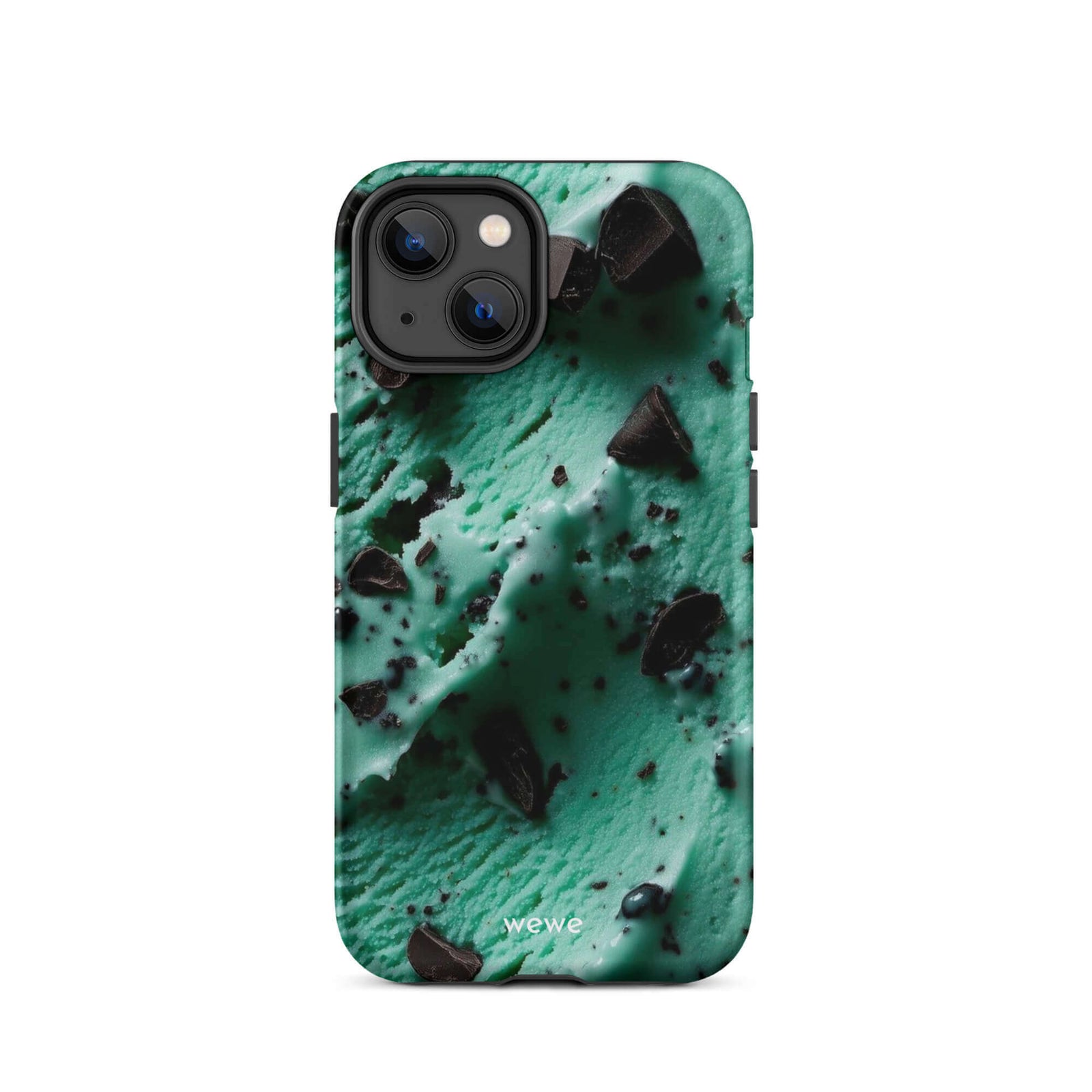 Custom iPhone case 14 with a close-up, macro photo of a textured, light green mint ice cream with dark chocolate chips.