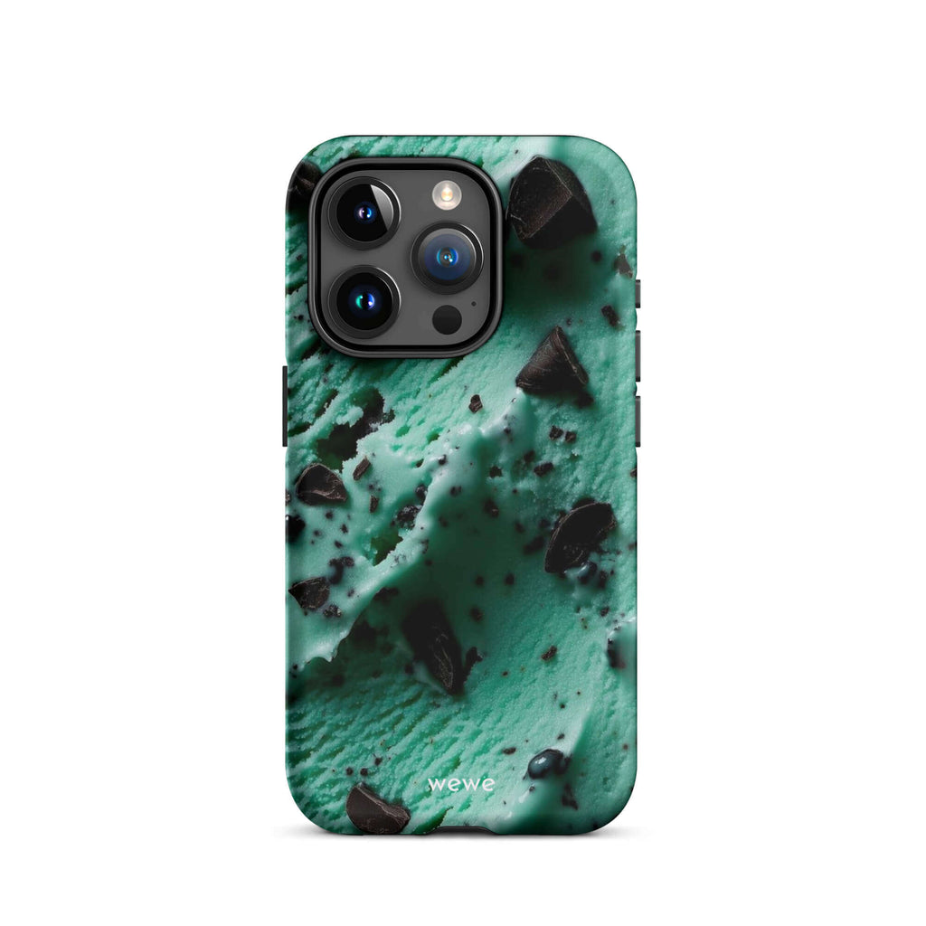 Custom iPhone case 15 pro with a close-up, macro photo of a textured, light green mint ice cream with dark chocolate chips.