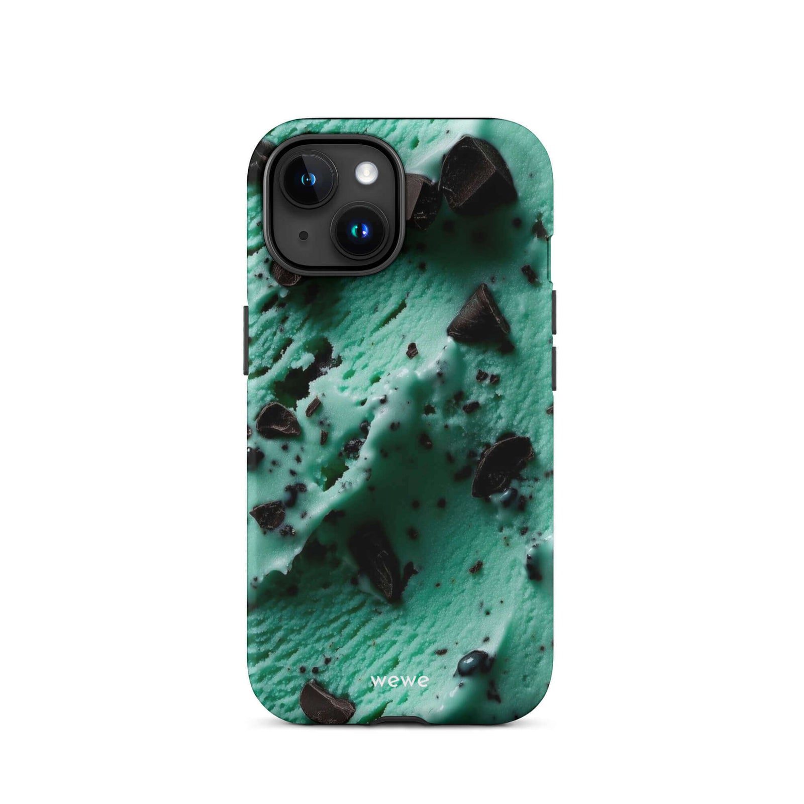 Custom iPhone case 15 with a close-up, macro photo of a textured, light green mint ice cream with dark chocolate chips.