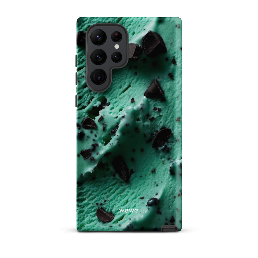 Custom samsung galaxy s22 ultra Phone case with a close-up, macro photo of a textured, light green mint ice cream with dark chocolate chips.