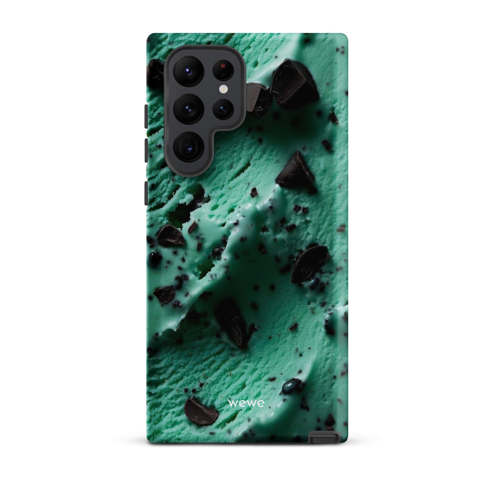 Custom samsung galaxy s22 ultra Phone case with a close-up, macro photo of a textured, light green mint ice cream with dark chocolate chips.