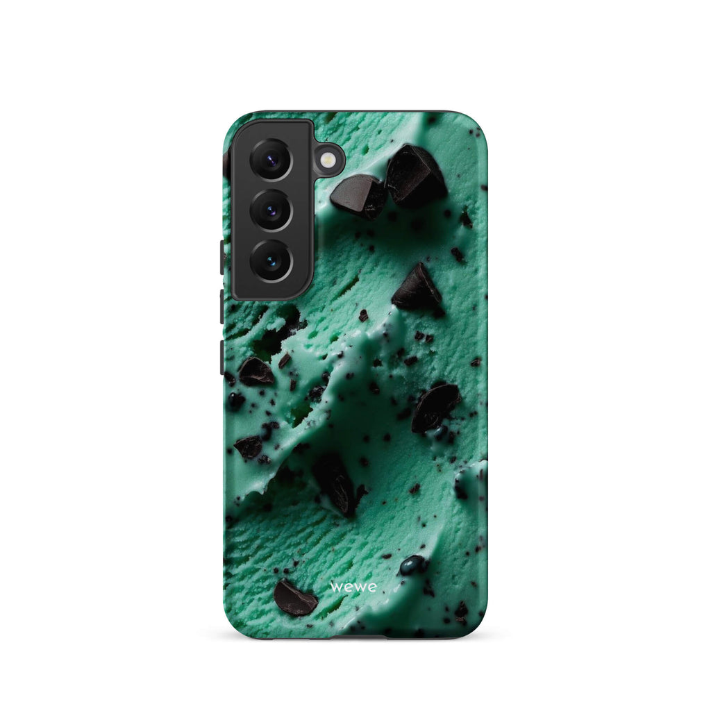 Custom samsung galaxy s22 Phone case with a close-up, macro photo of a textured, light green mint ice cream with dark chocolate chips.