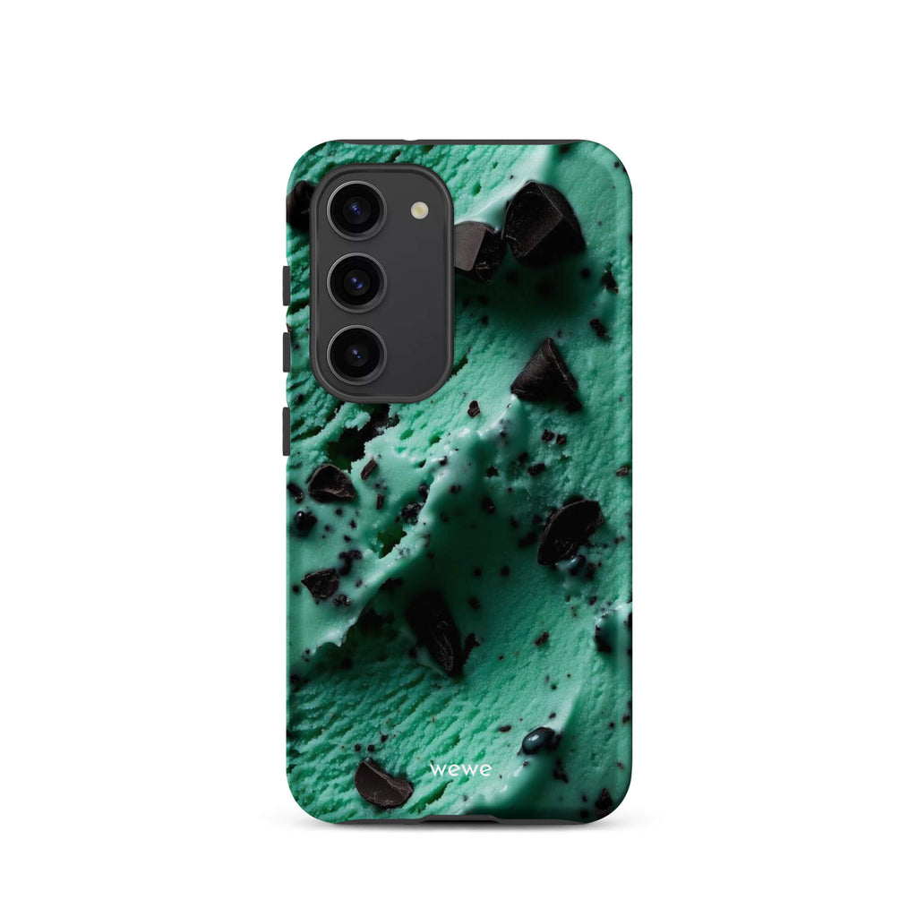 Custom samsung galaxy s23 Phone case with a close-up, macro photo of a textured, light green mint ice cream with dark chocolate chips.