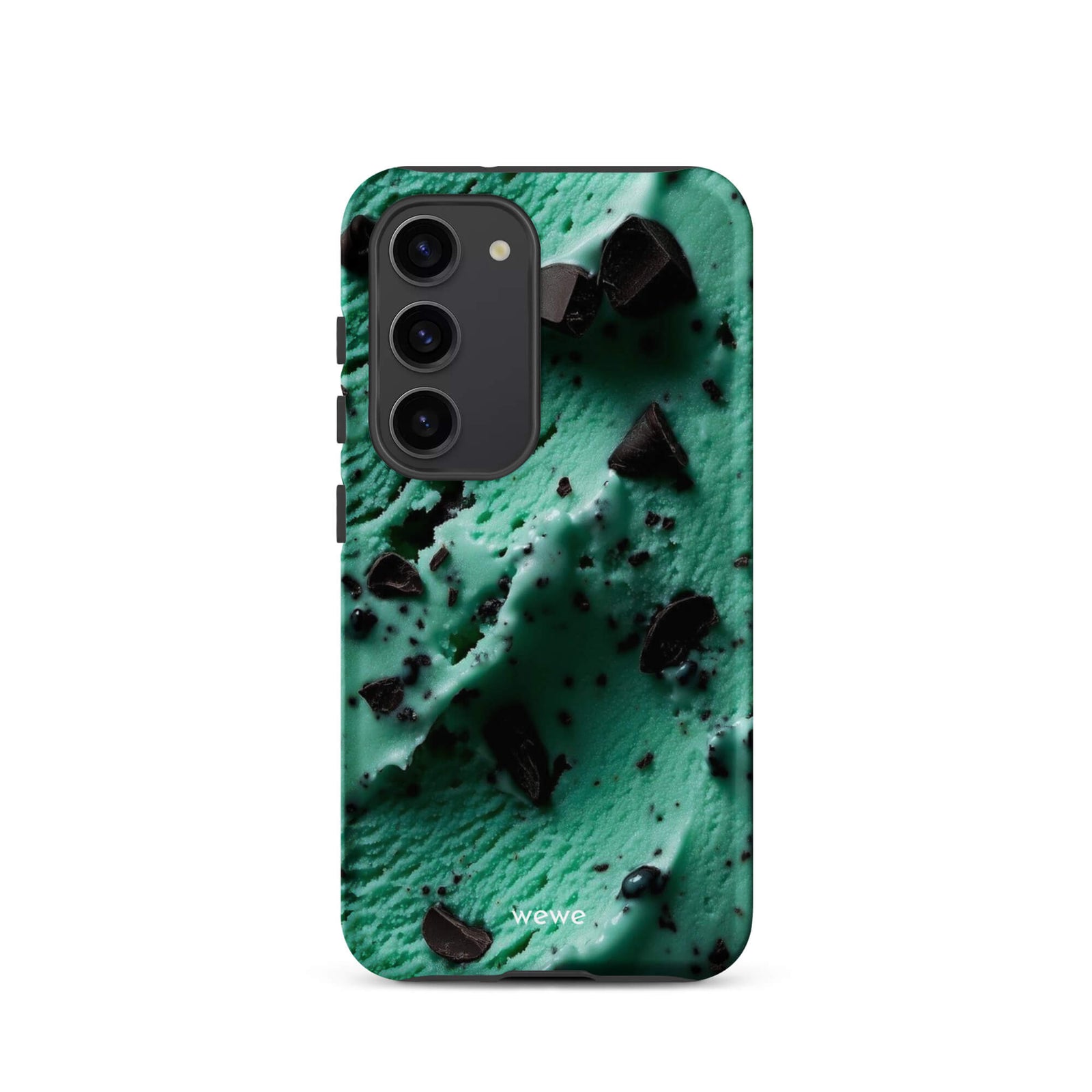 Custom samsung galaxy s23 Phone case with a close-up, macro photo of a textured, light green mint ice cream with dark chocolate chips.